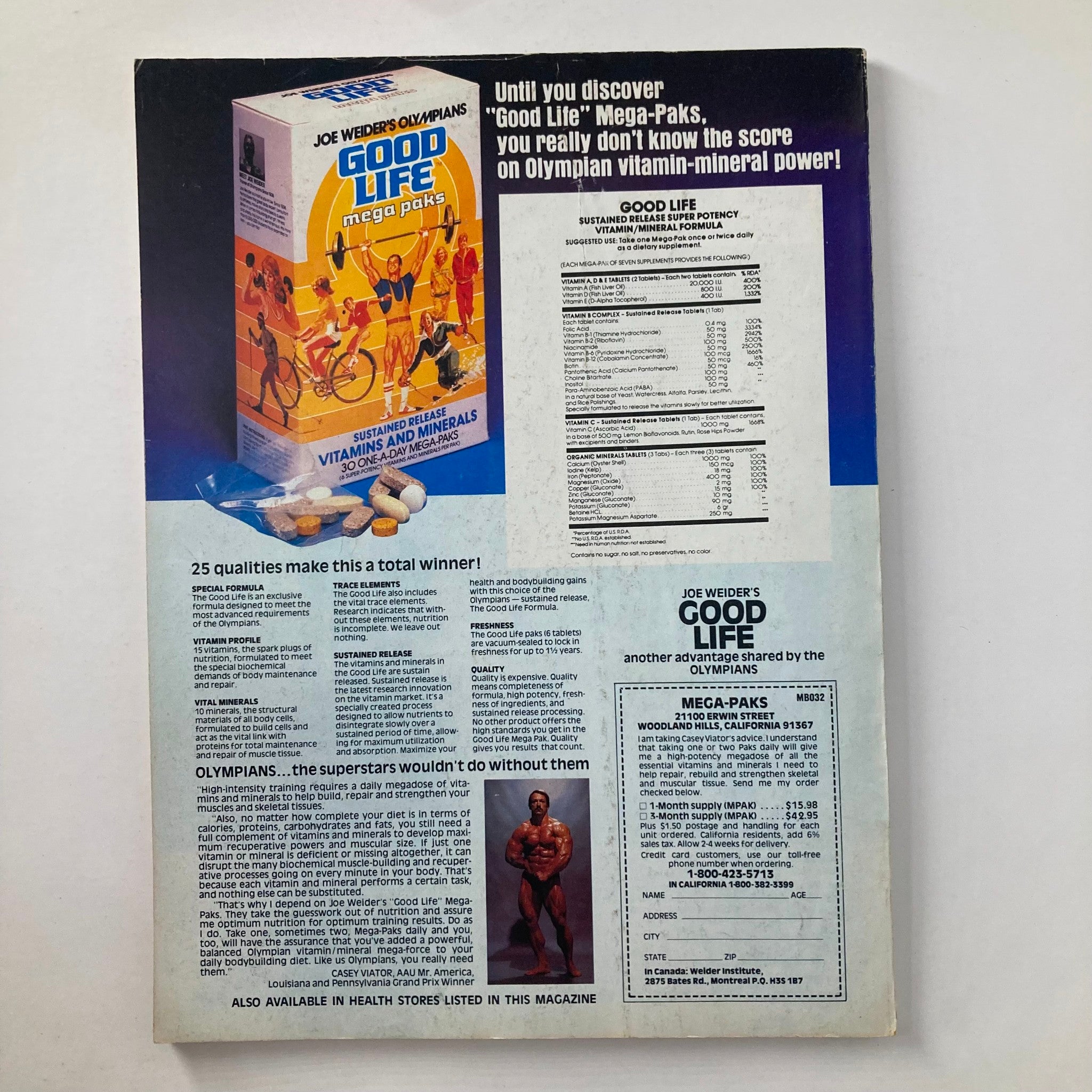 Back cover of Joe Weider's Muscle & Fitness Magazine, June 1982 featuring an advertisement for Good Life Mega-Paks vitamins, showcasing health and nutritional support.