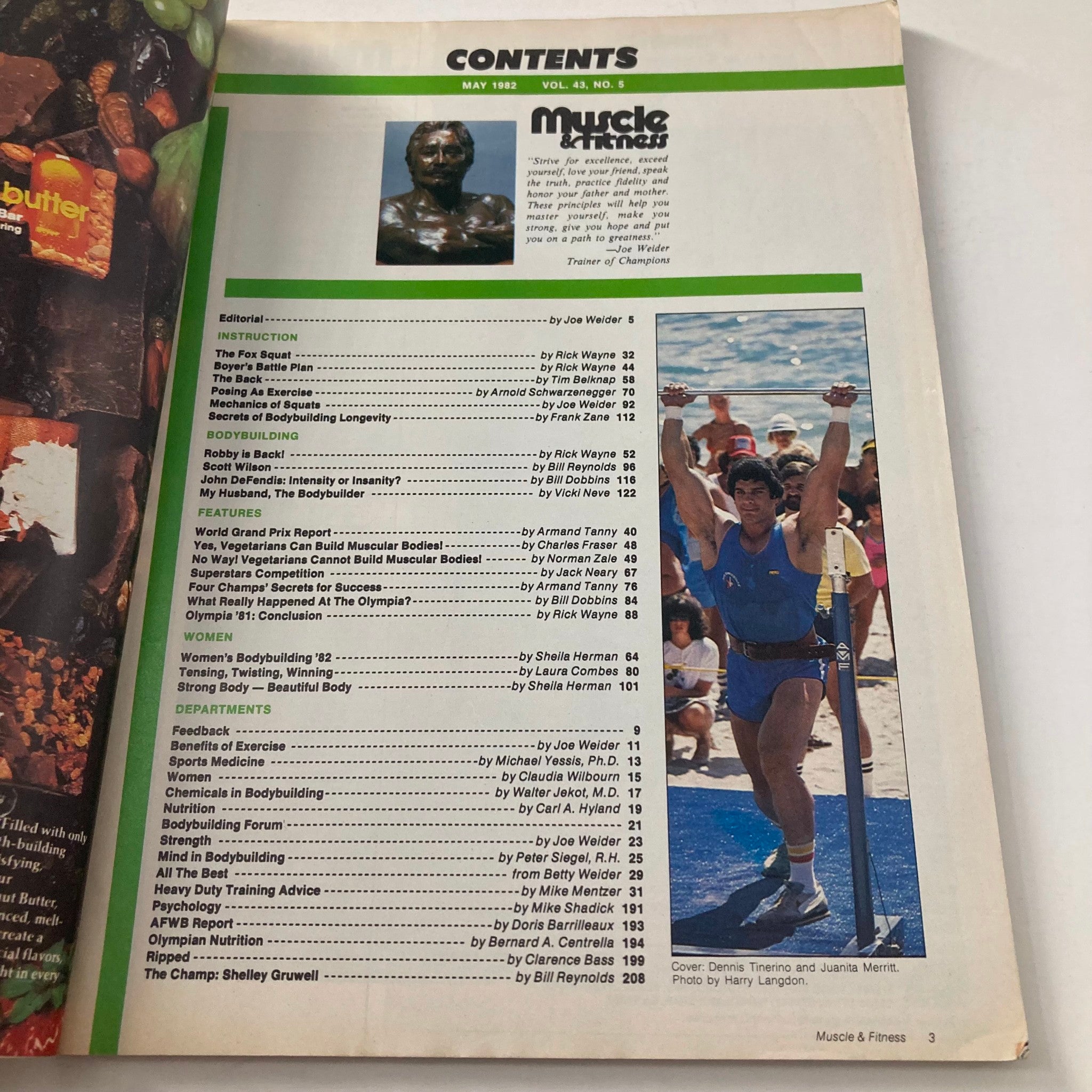 Contents page of Joe Weider's Muscle & Fitness Magazine May 1982, outlining articles on bodybuilding, nutrition, and fitness regimens.