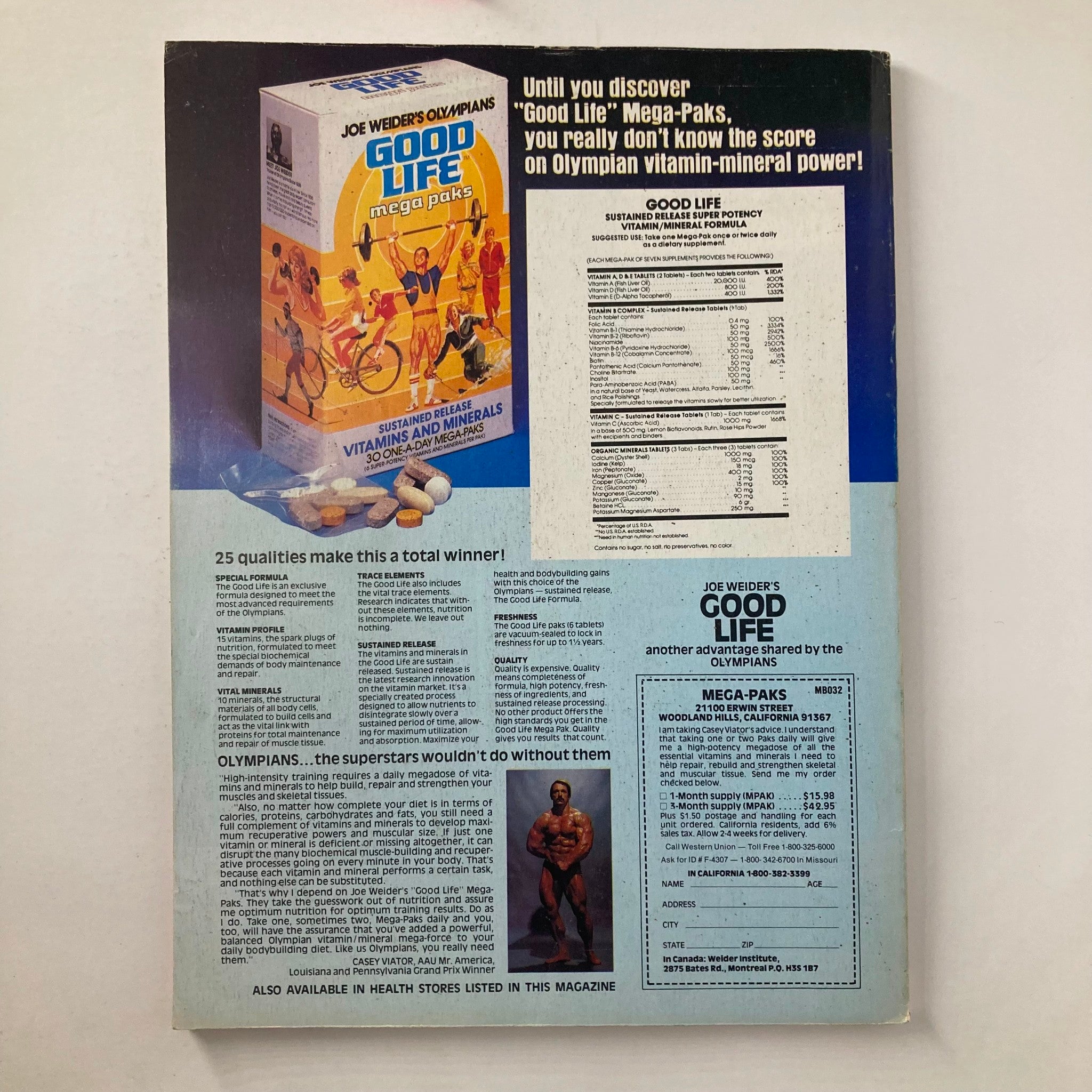 Back cover of Joe Weider's Muscle & Fitness Magazine May 1982 promoting Good Life Mega-Paks vitamins and minerals for fitness enthusiasts.