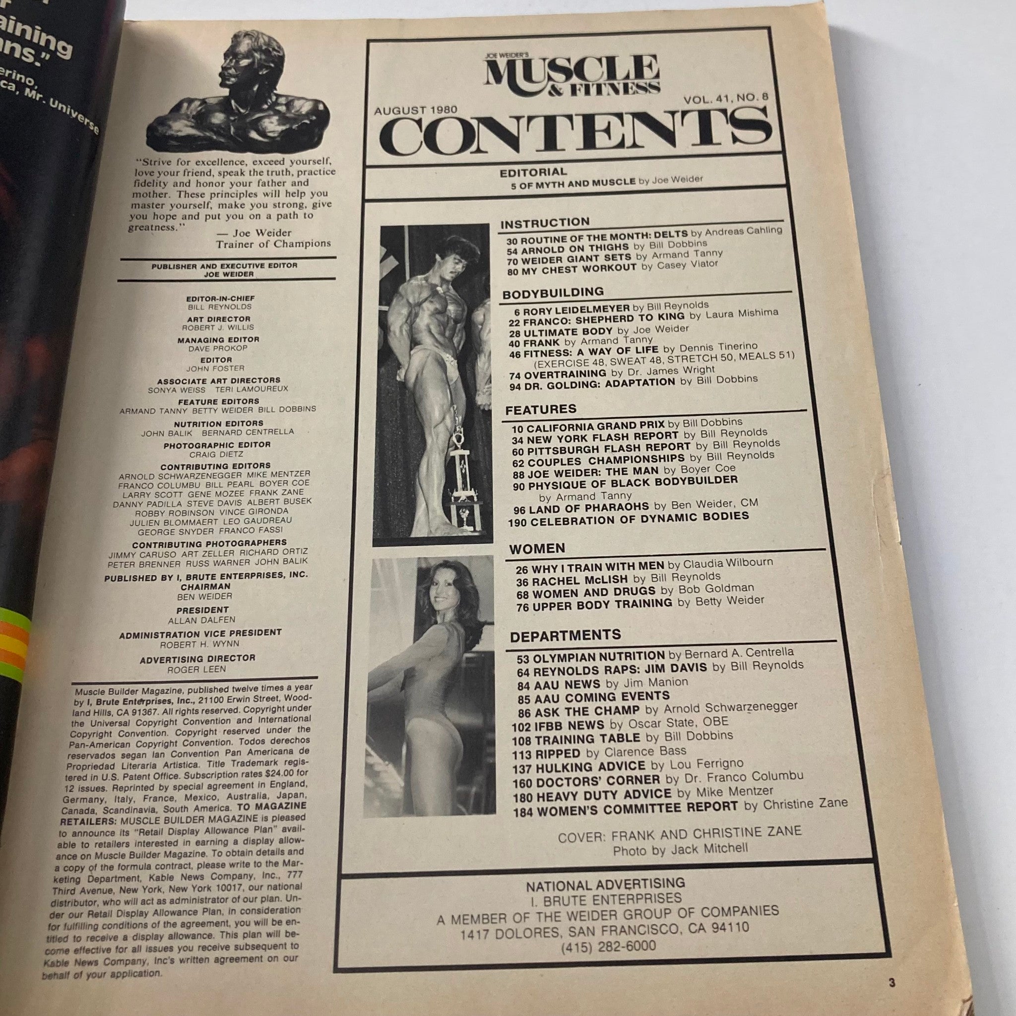 Contents page of Joe Weider's Muscle & Fitness Magazine, August 1980, showcasing articles and features related to bodybuilding, fitness, and nutrition.