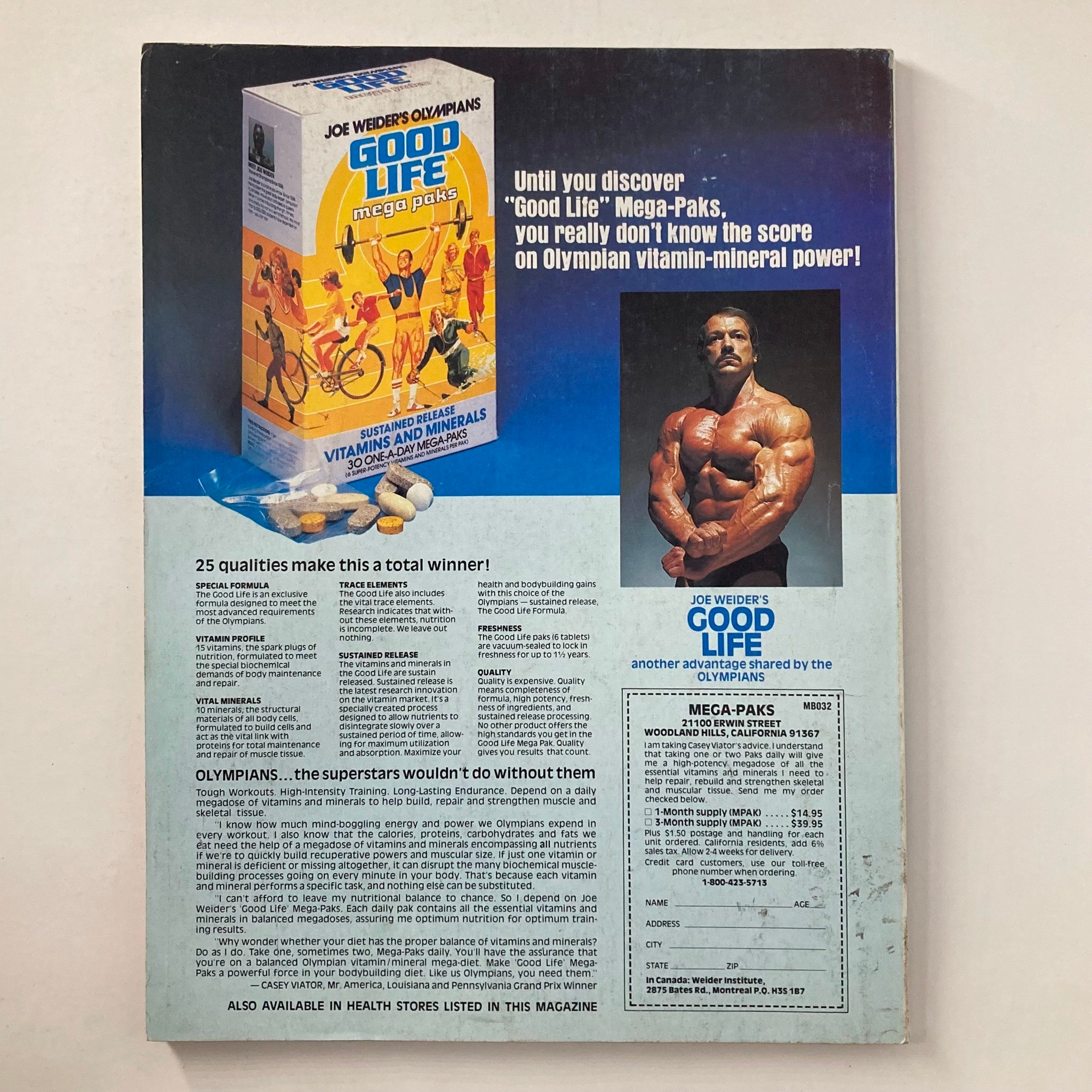 Back cover of Joe Weider's Muscle & Fitness Magazine August 1980 featuring 'Good Life' Mega-Paks advertisement with a muscular male image, promoting vitamins and minerals for fitness enthusiasts.