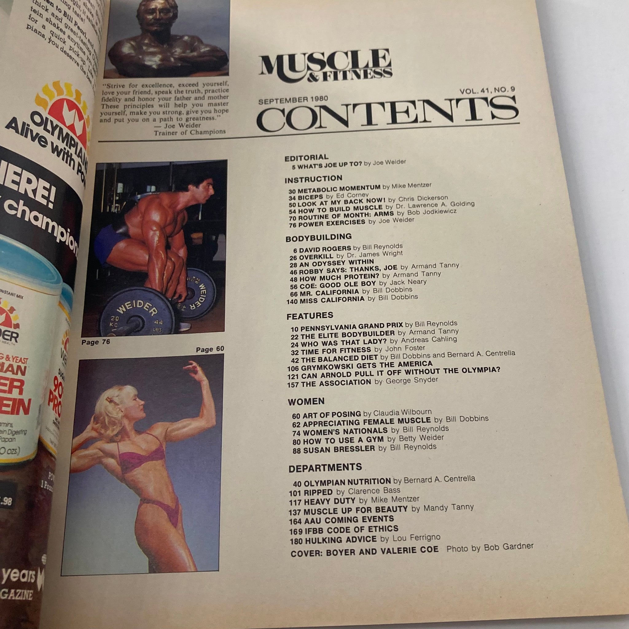 Inside contents page of Joe Weider's Muscle & Fitness Magazine September 1980 displaying various articles and features related to bodybuilding and fitness.