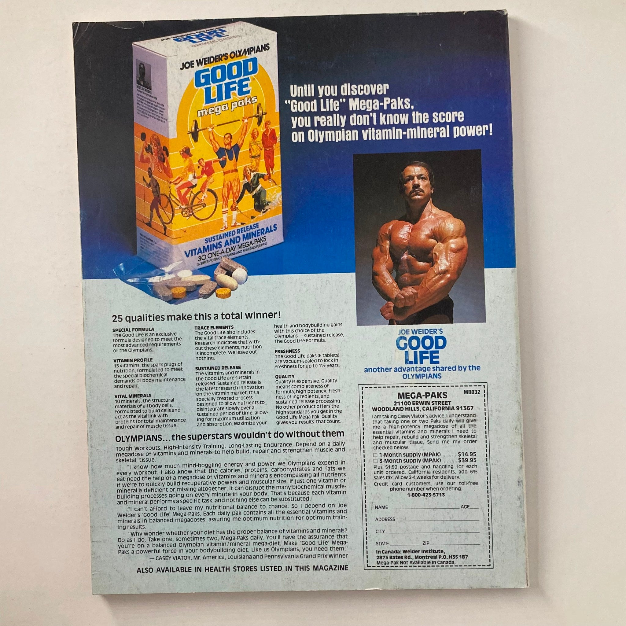 Back cover of Joe Weider's Muscle & Fitness Magazine, September 1980, featuring a promotional advertisement for Joe Weider's Good Life Mega-Paks, highlighting its benefits with images of athletes and details about vitamins and minerals.