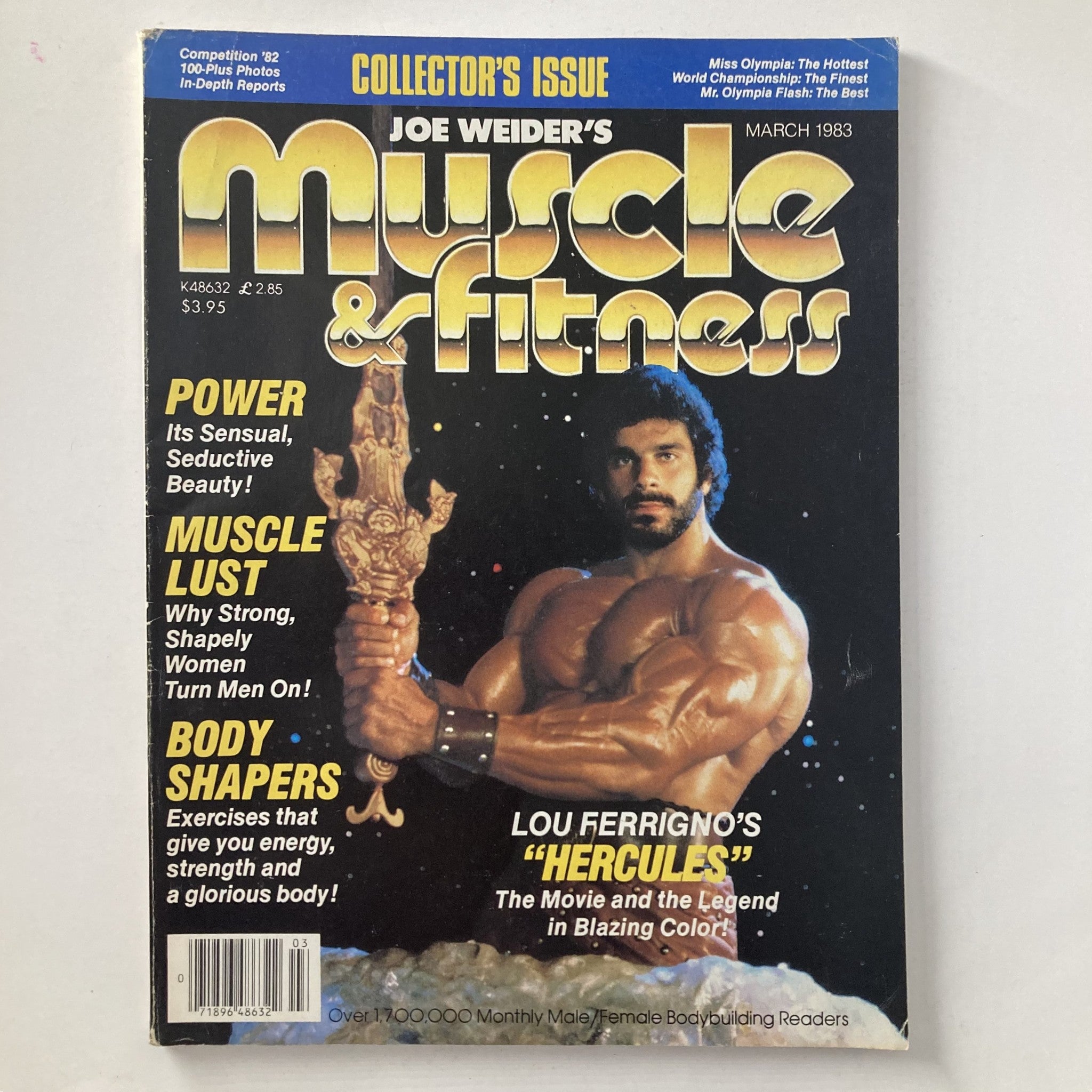 Cover of Joe Weider's Muscle & Fitness Magazine March 1983 featuring Lou Ferrigno's Hercules. The cover showcases bold text highlighting fitness and bodybuilding themes alongside an image of Lou Ferrigno showcasing his muscular physique.
