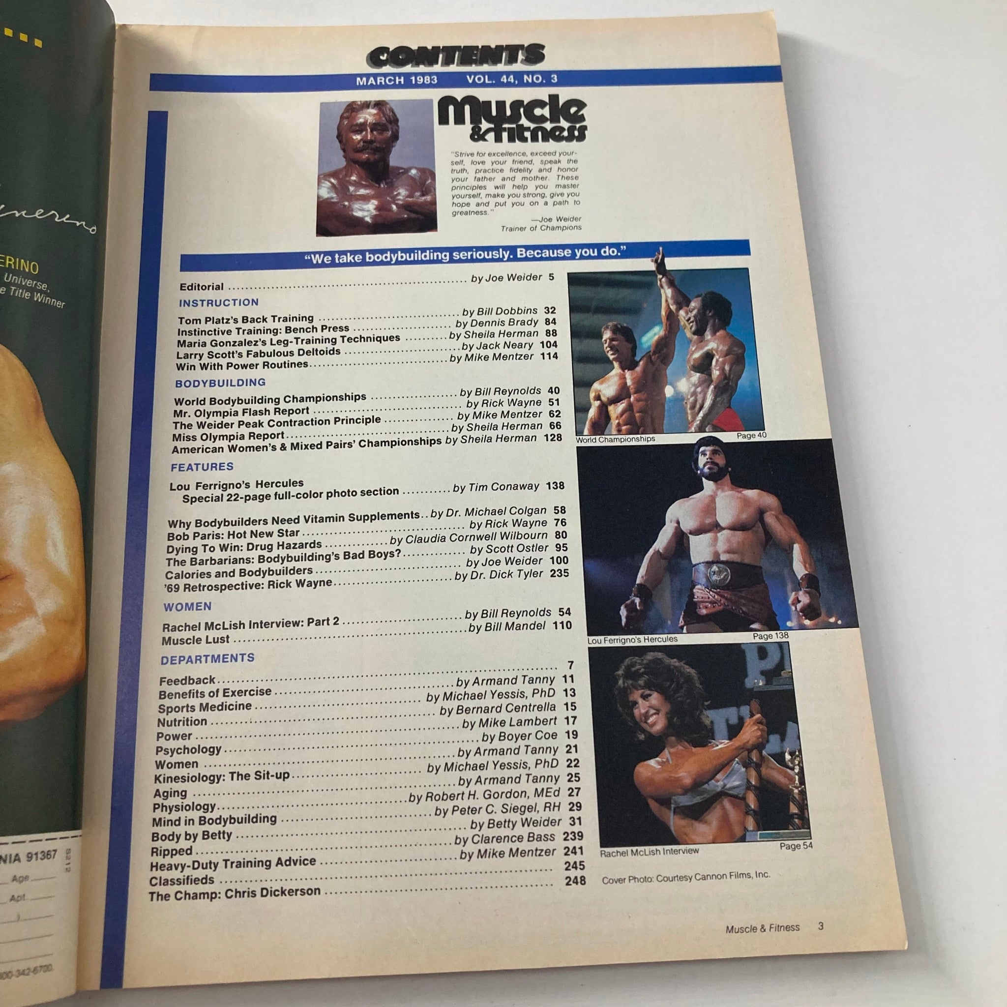 Contents page of Joe Weider's Muscle & Fitness Magazine March 1983, detailing articles on bodybuilders and fitness topics, including a feature on Lou Ferrigno's Hercules, with organized sections on bodybuilding championships and women's health.