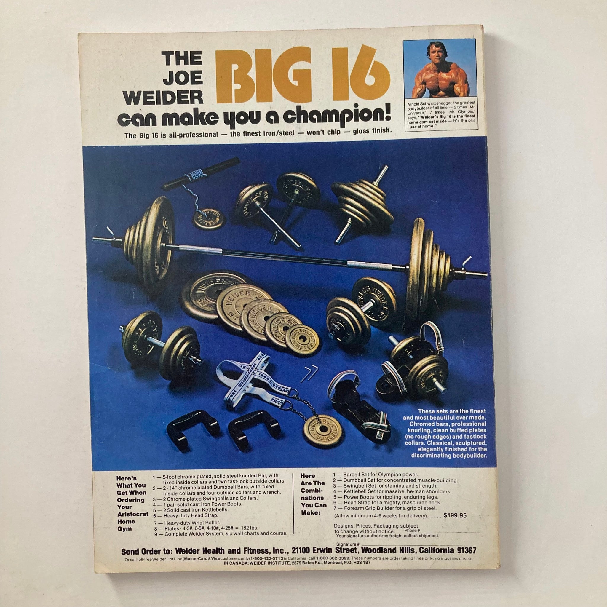 The Joe Weider Big 16 fitness equipment advertisement featuring barbell weights and exercise accessories, part of Joe Weider's Muscle & Fitness Magazine March 1983 showcasing Lou Ferrigno's Hercules.
