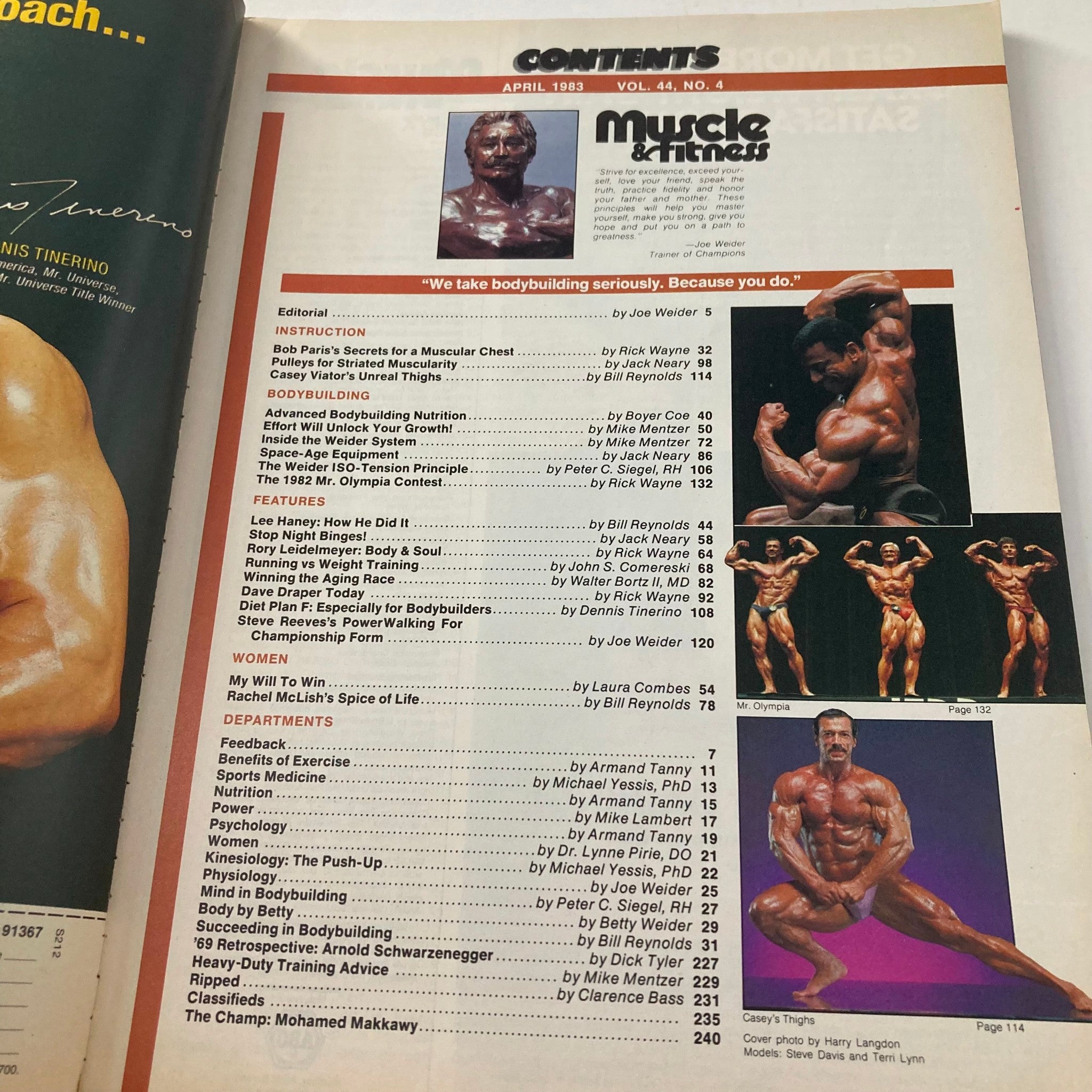 Contents page of Joe Weider's Muscle & Fitness Magazine April 1983, listing articles and features about bodybuilding nutrition, workouts, and profiles of fitness legends.