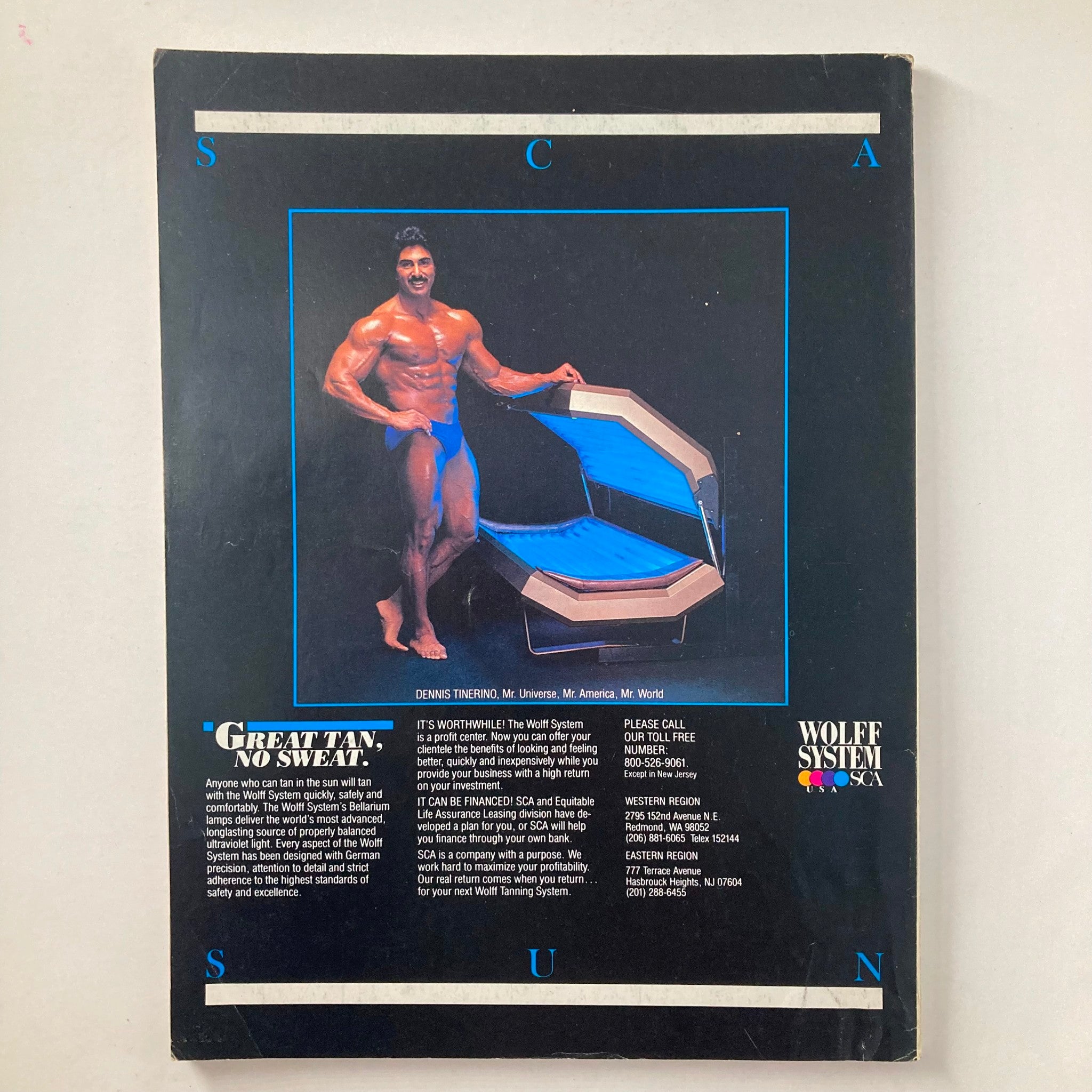 Back cover of Joe Weider's Muscle & Fitness Magazine April 1983, featuring Dennis Tinerino, a fitness model, promoting the Wolff tanning system.