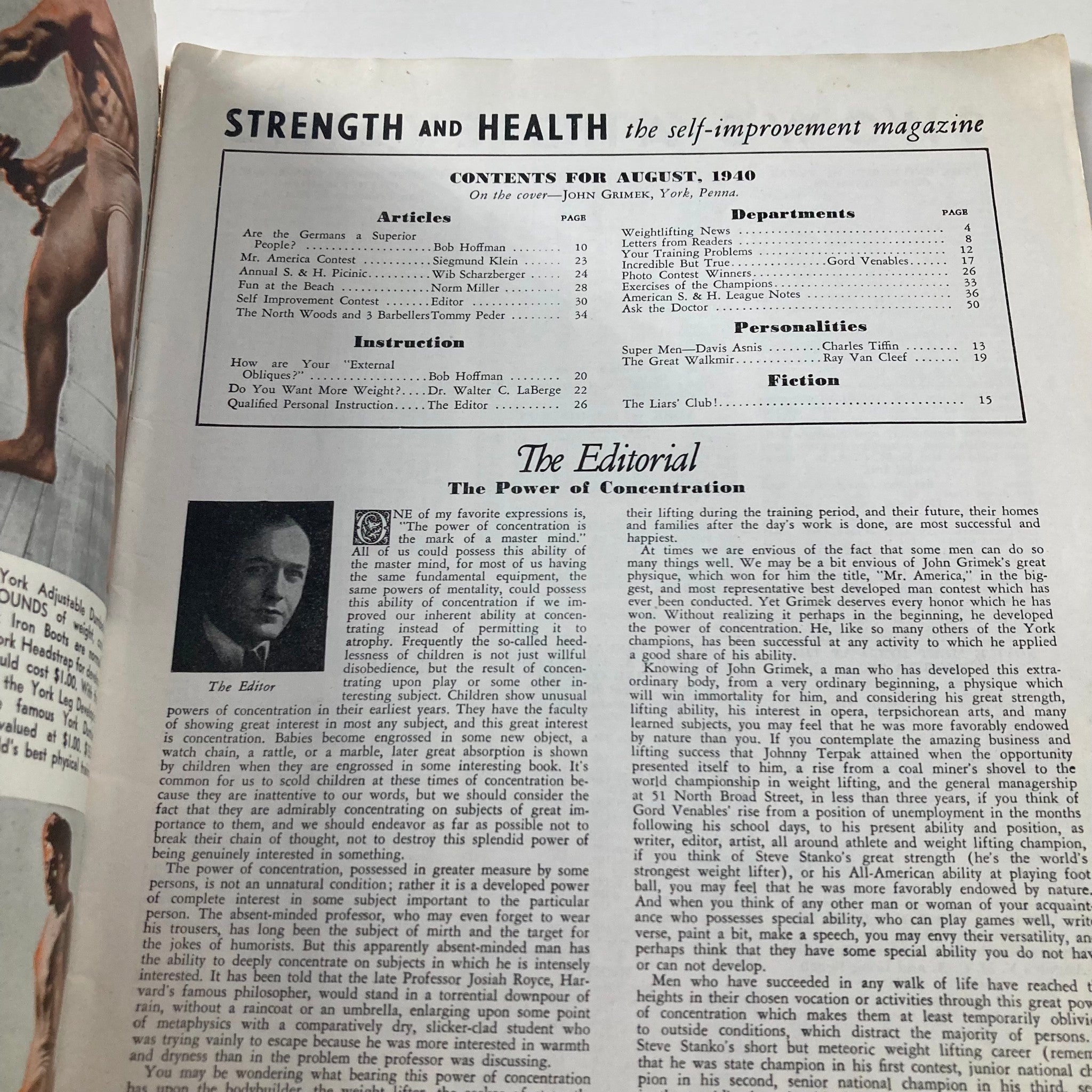 VTG Strength & Health Magazine August 1940 John Grimek, York, Penna No Label