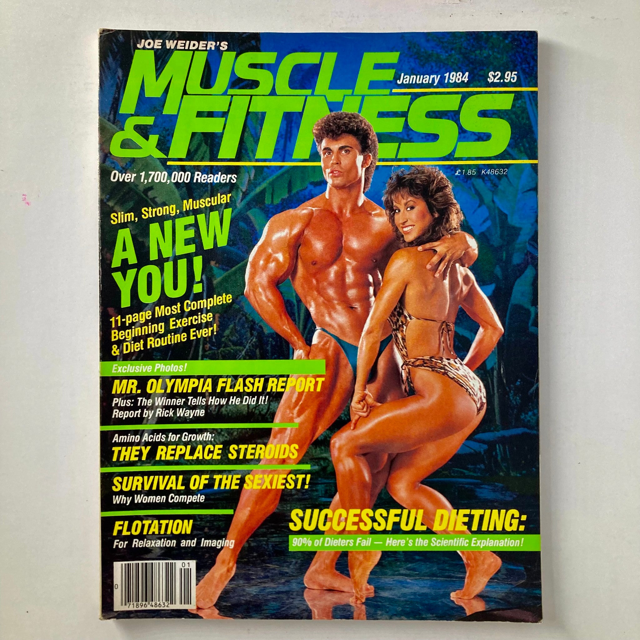 Cover of Muscle & Fitness Magazine January 1984 featuring Rachel McLish and Rory Liedelmeyer, showcasing fitness culture, bodybuilding, and vintage appeal.