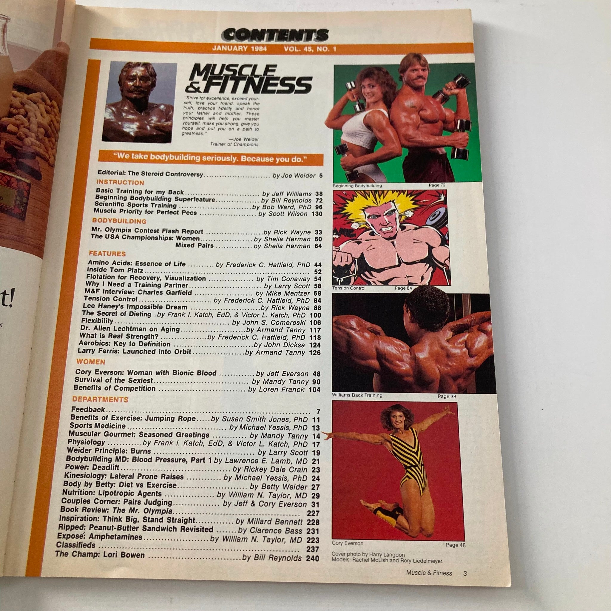 Contents page of Muscle & Fitness Magazine January 1984, highlighting articles and features related to bodybuilding and fitness trends of the early 1980s.