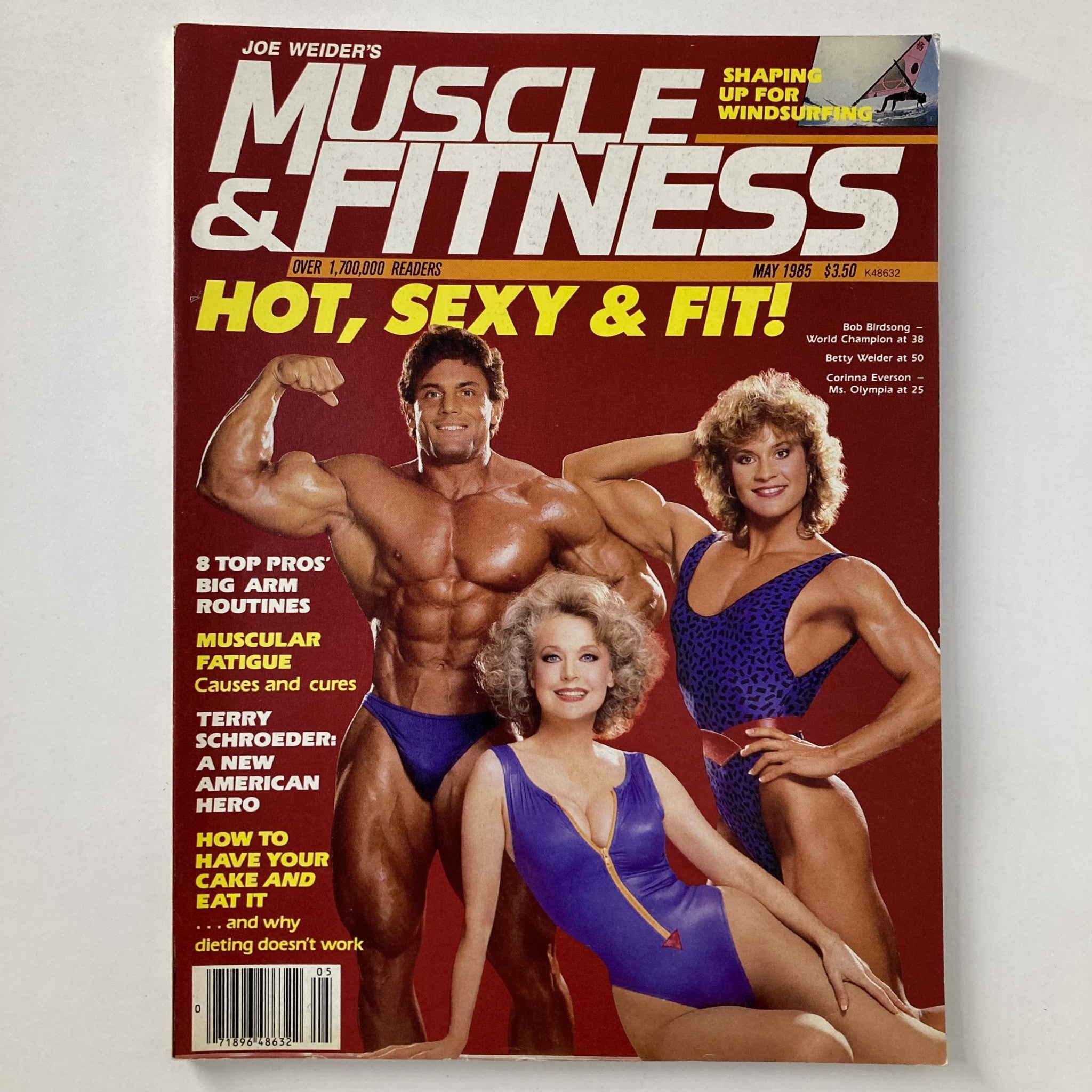 Muscle & Fitness Magazine May 1985 cover featuring Bob Birdsong, Betty Weider, and Corinna Everson emphasizing hot, sexy, and fit themes.