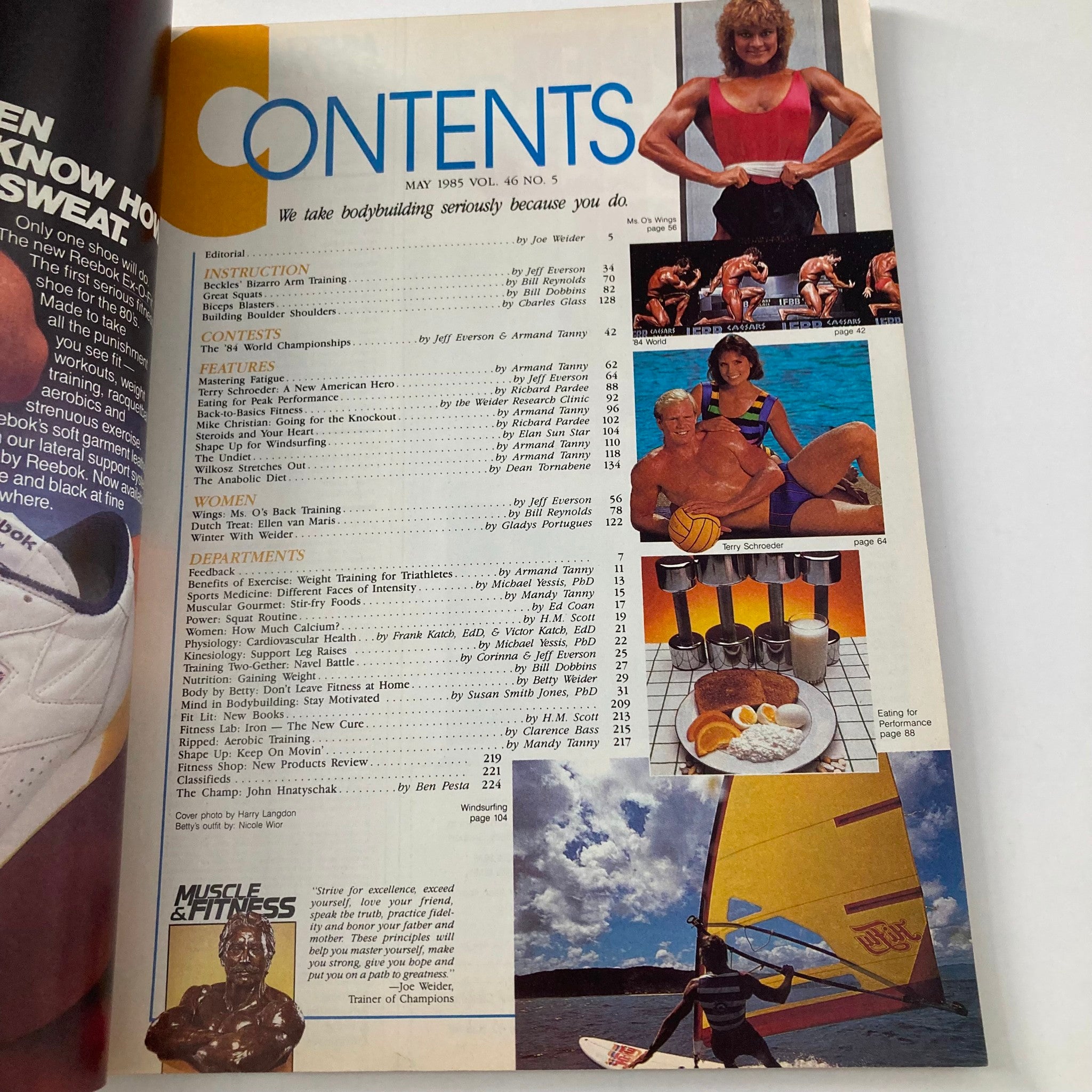 Contents page of Muscle & Fitness Magazine May 1985, highlighting features like bodybuilding articles and healthy living tips.