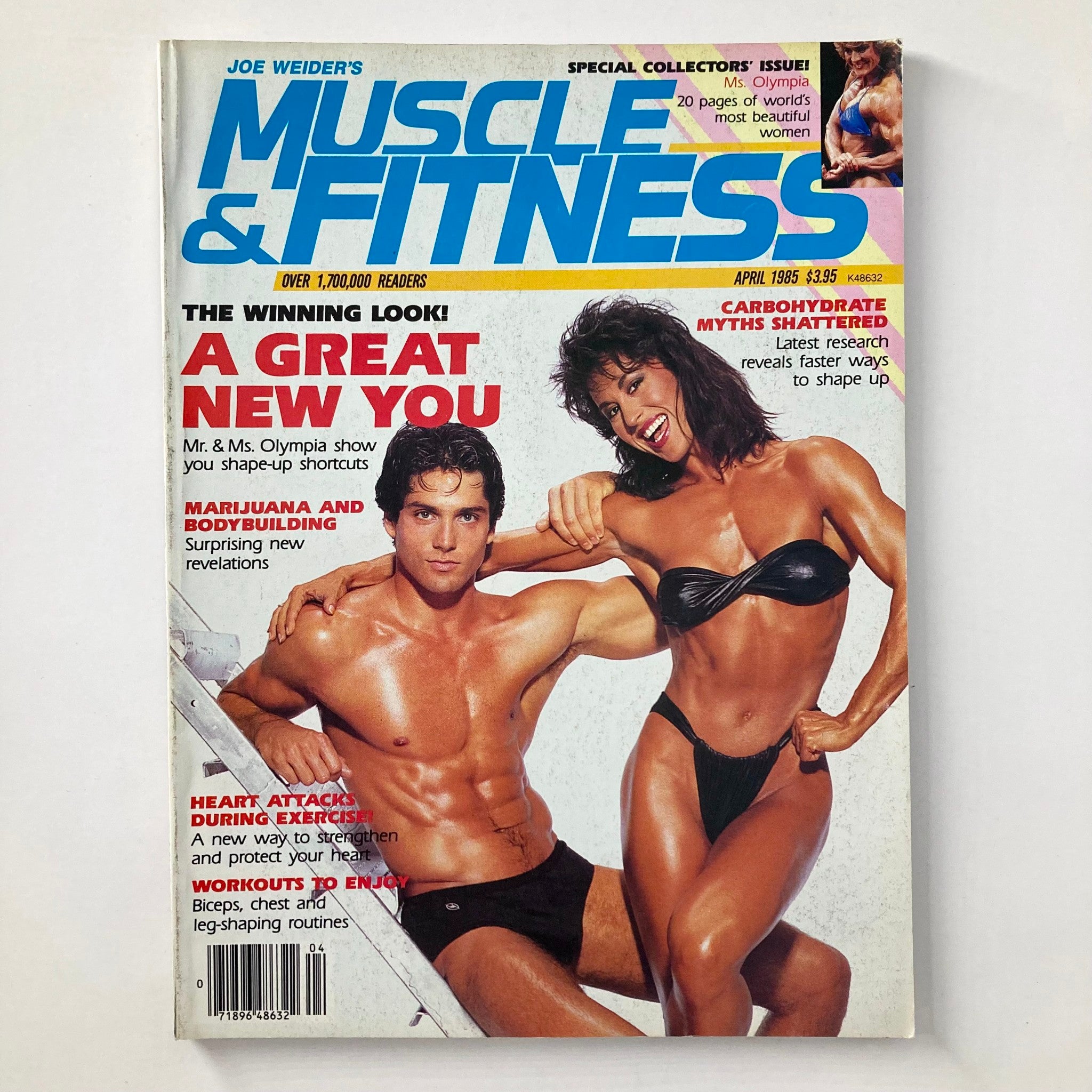 Front cover of Joe Weider's Muscle & Fitness Magazine April 1985 featuring model Rachel McLish and Jerry Dinone. The cover highlights bodybuilding topics, advertisements, and articles focused on fitness and health.