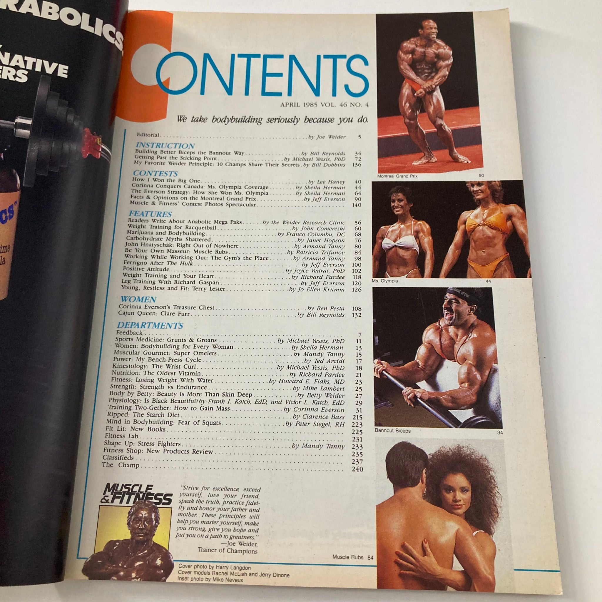Contents page of Joe Weider's Muscle & Fitness Magazine April 1985, showcasing articles and features focused on bodybuilding, fitness instructions, and highlights from Mr. & Ms. Olympia events.