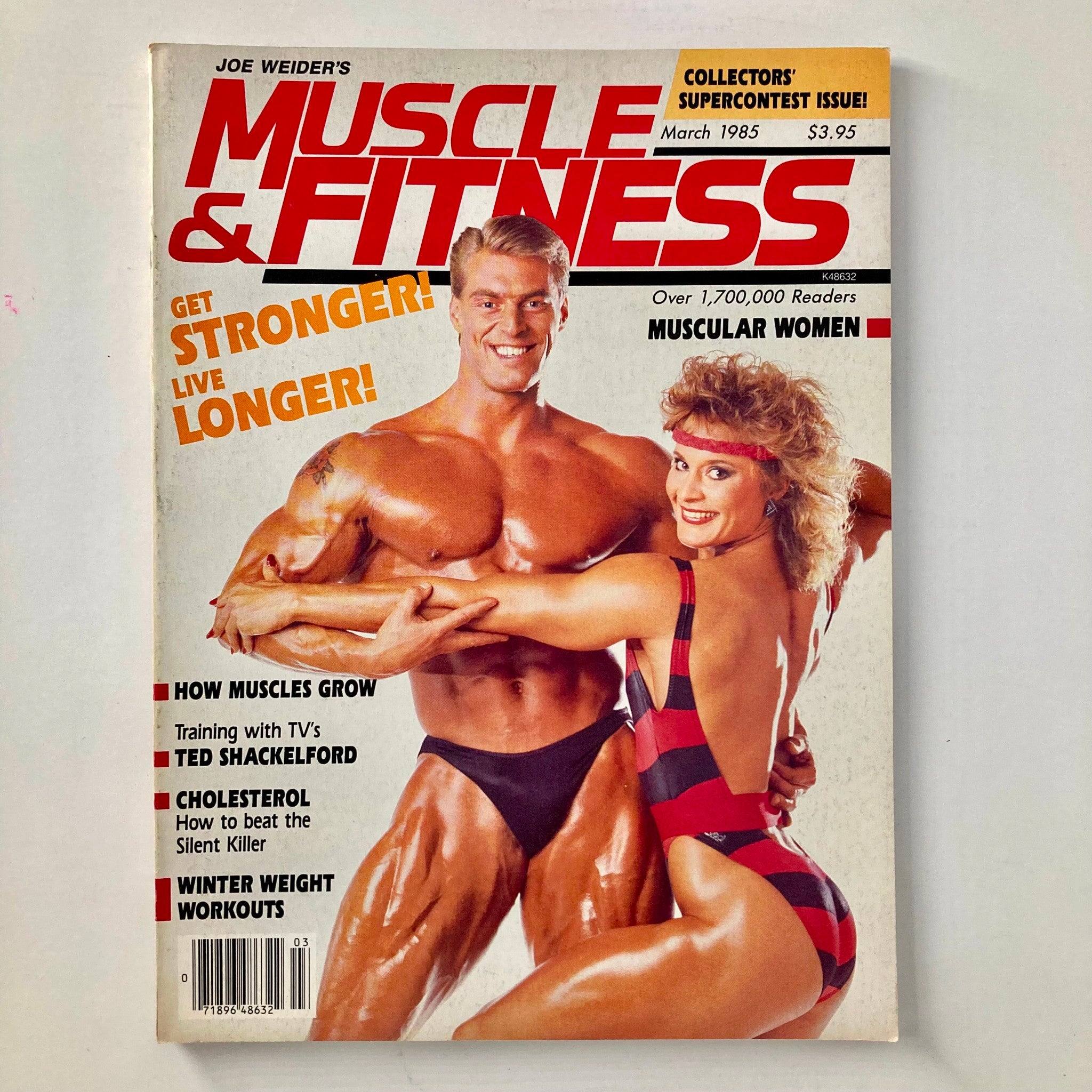 Cover of Joe Weider's Muscle & Fitness Magazine March 1985 featuring Berry DeMey and Corinna Everson, highlighting fitness culture of the 1980s.