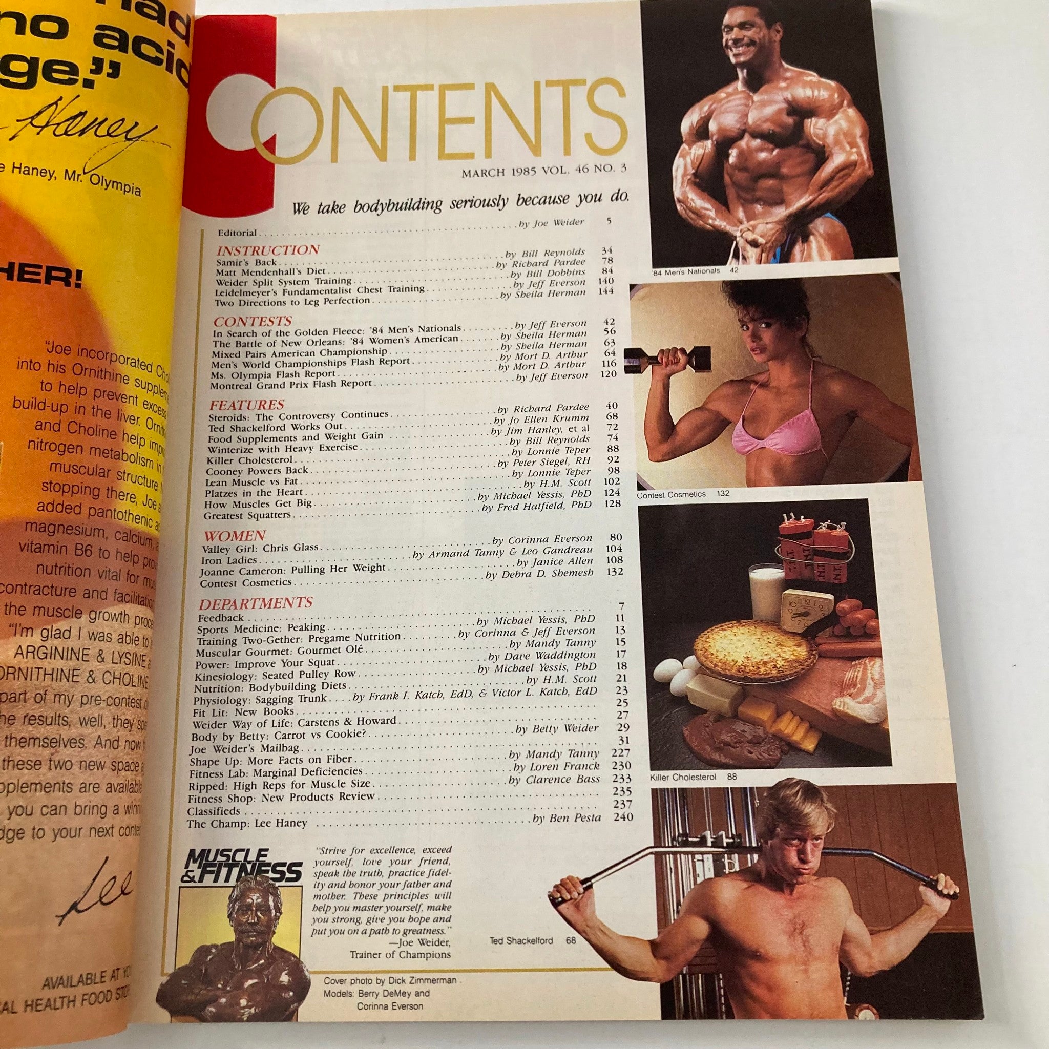 Contents page of Joe Weider's Muscle & Fitness Magazine March 1985, showcasing articles and features including training tips and bodybuilding advice.