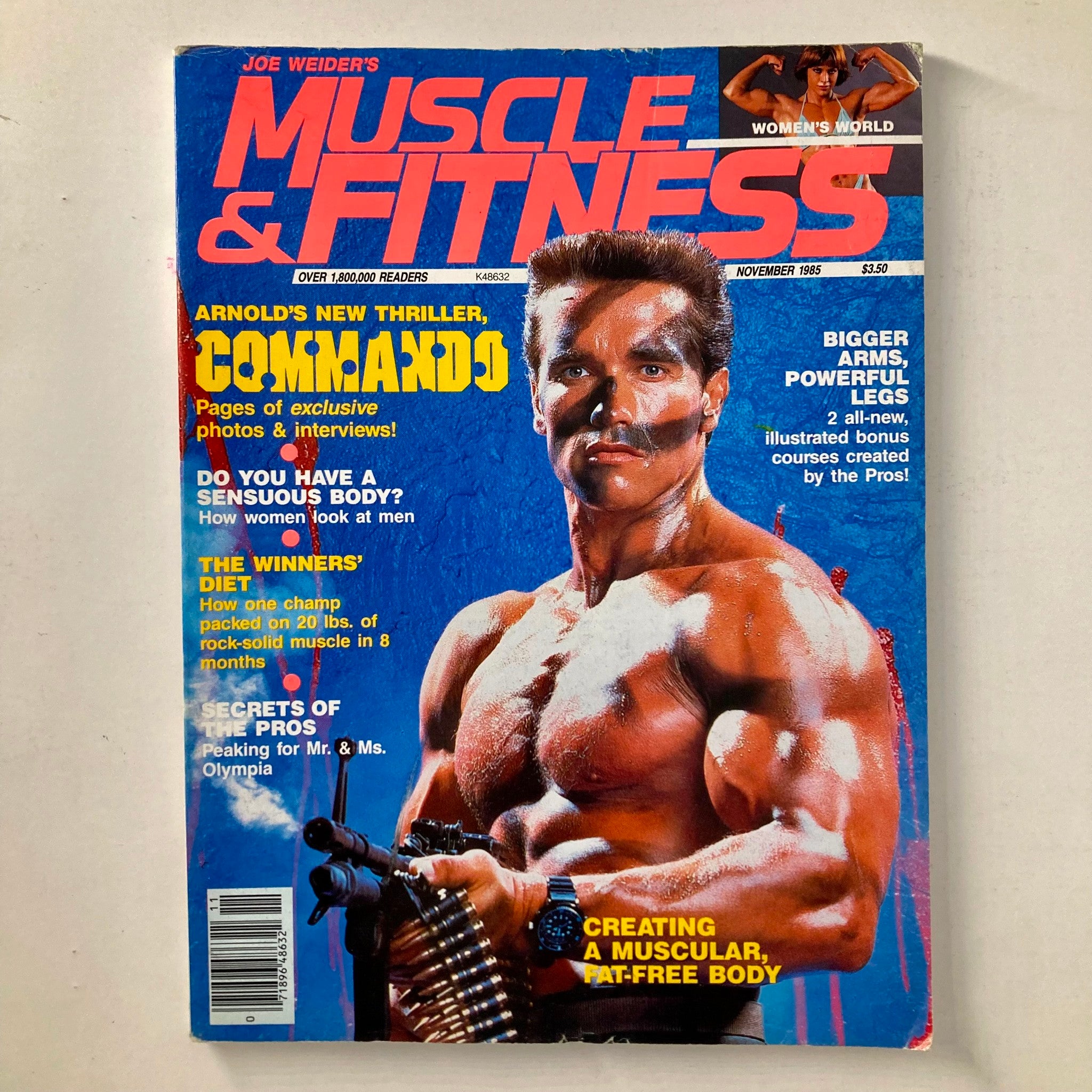 Cover of Joe Weider's Muscle & Fitness Magazine November 1985 featuring Arnold Schwarzenegger, highlighting bodybuilding tips and fitness articles.