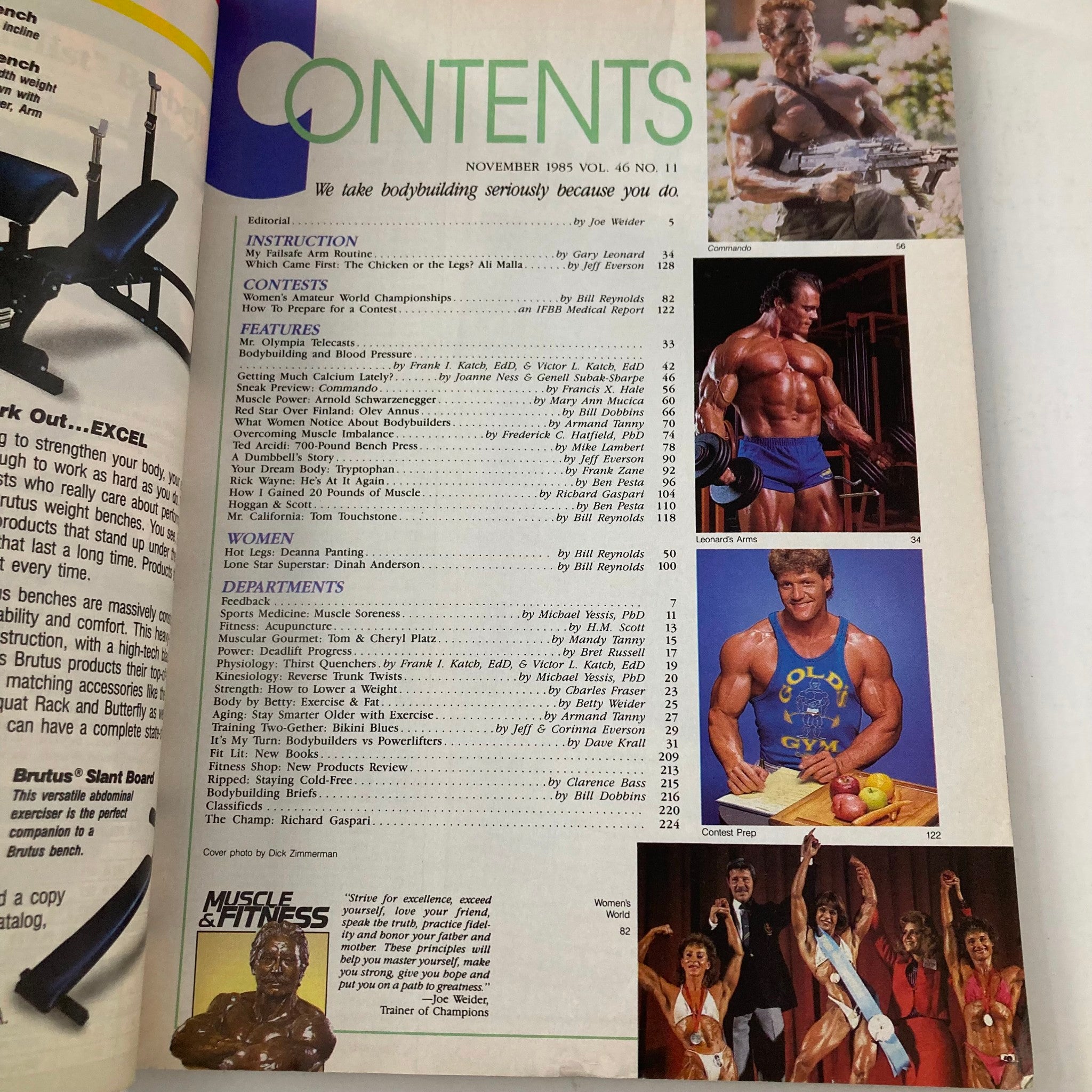 Contents page of Joe Weider's Muscle & Fitness Magazine November 1985, detailing features on bodybuilding competitions, nutrition, and fitness tips.