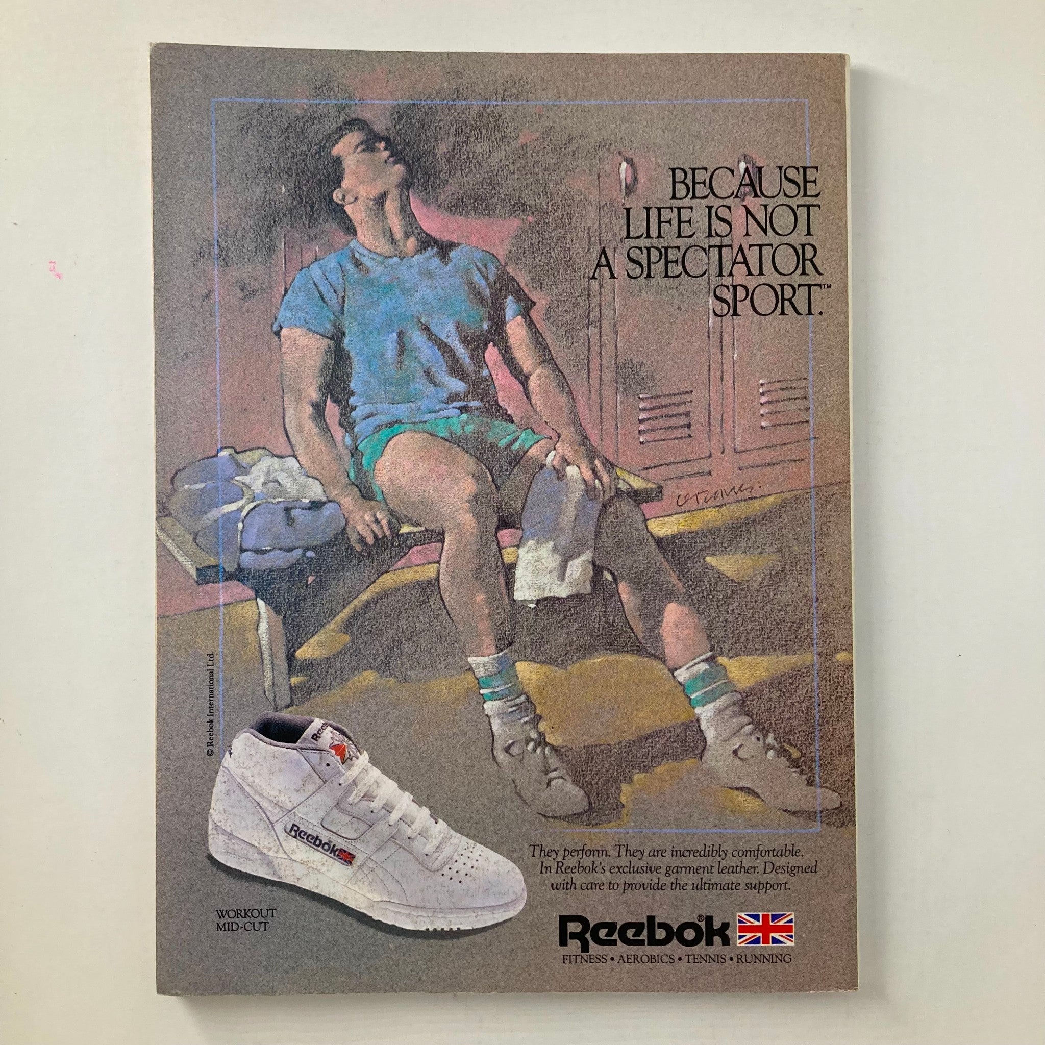 Reebok advertisement from Joe Weider's Muscle & Fitness Magazine November 1985 showcasing workout shoes with motivational text about fitness.