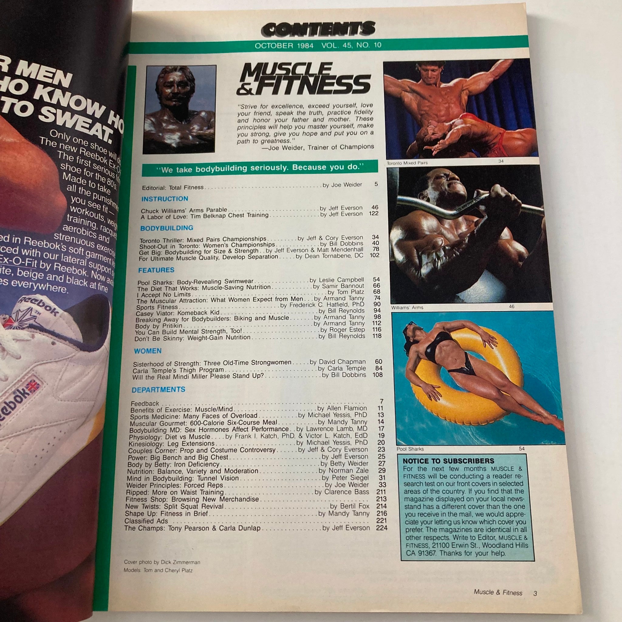 Contents page of Joe Weider's Muscle & Fitness Magazine October 1984 featuring articles on bodybuilding, training programs, and female fitness segments.