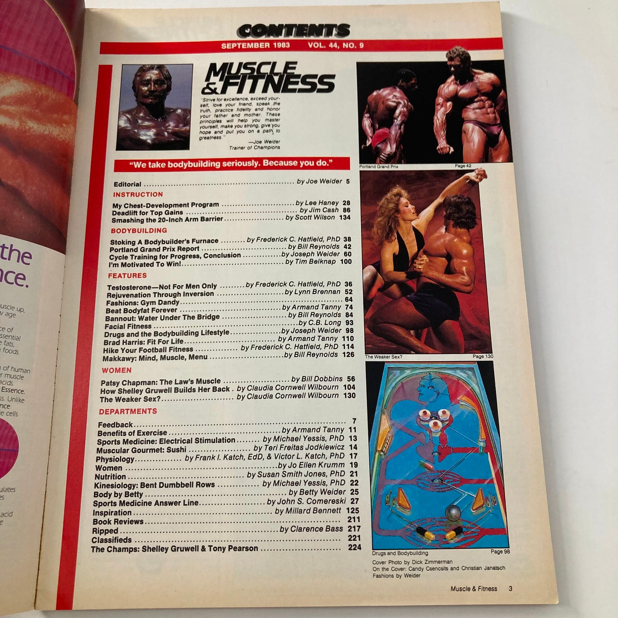 Contents page of 'Muscle & Fitness September 1983 Candy Csencsits & Christian Janatsch' detailing articles on bodybuilding, exercise, nutrition, and features on famous bodybuilders.