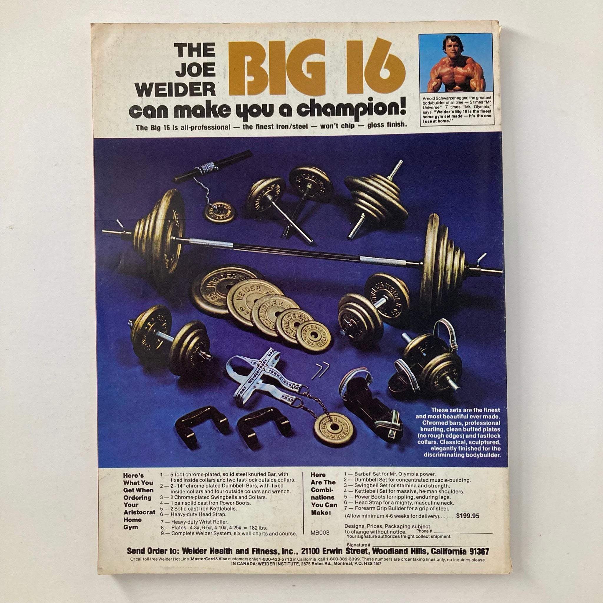 Back cover of 'Muscle & Fitness September 1983 Candy Csencsits & Christian Janatsch' featuring a collection of weightlifting equipment with promotional text about the Joe Weider Big 16 home gym set.