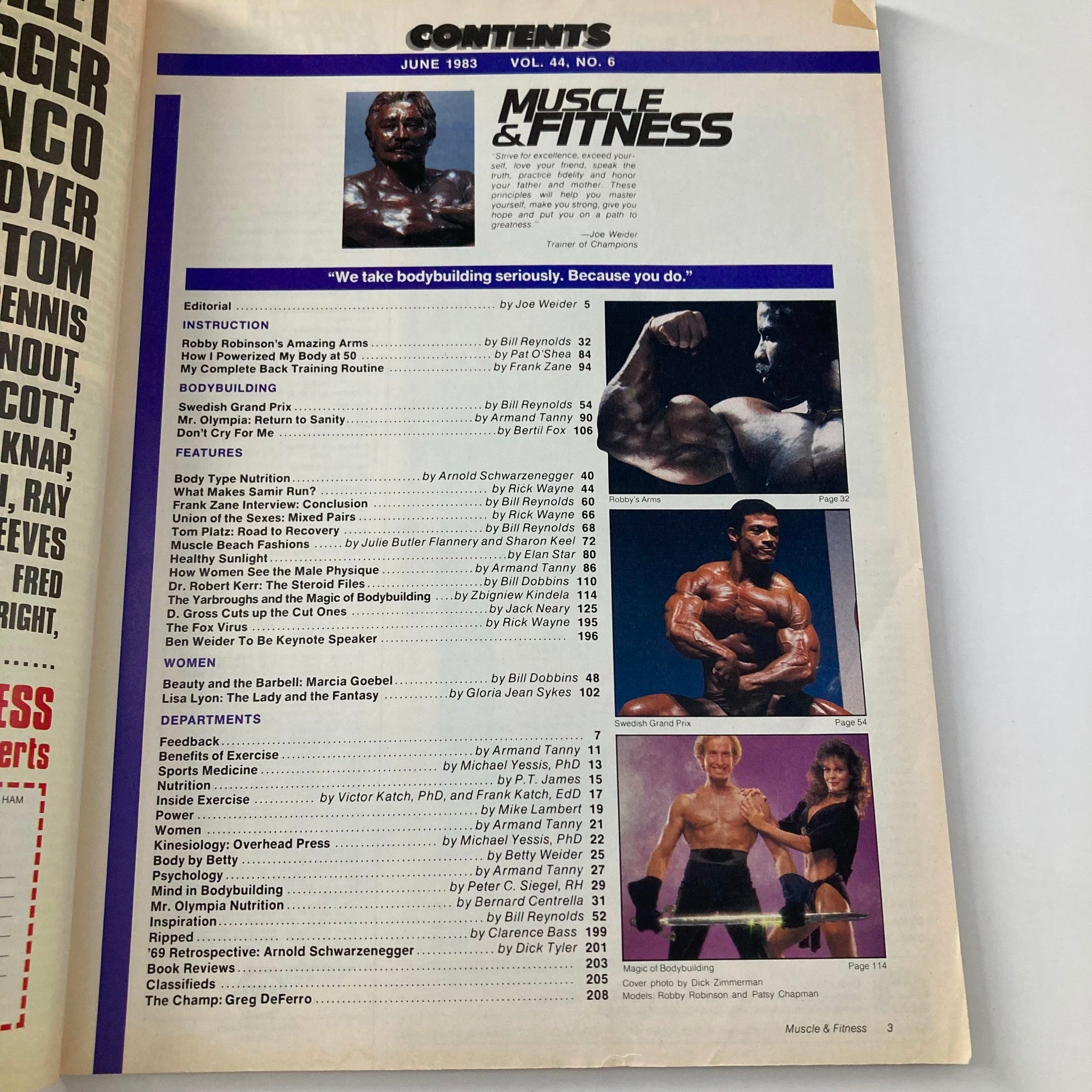 Contents page of Joe Weider's Muscle & Fitness Magazine June 1983 listing features on bodybuilding, nutrition, and iconic figures of the era.