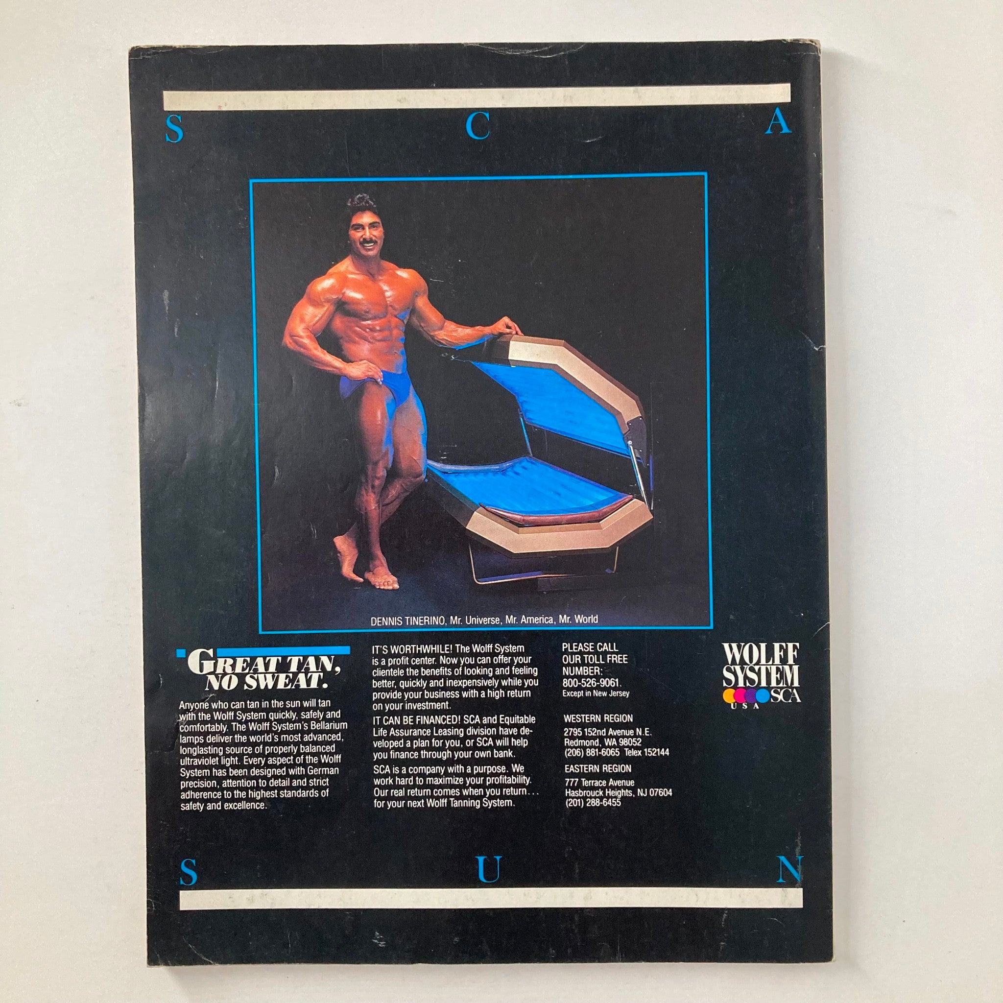 Back cover of Joe Weider's Muscle & Fitness Magazine June 1983 featuring Dennis Tinerino promoting the Wolff tanning system.