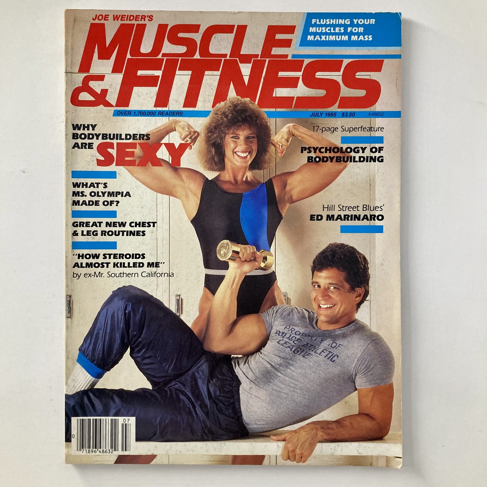 Cover of Joe Weider's Muscle & Fitness Magazine July 1985 featuring Peggy Bertelsen showcasing a bodybuilding pose with Ed Marinaro holding a dumbbell, highlighting fitness culture of the 1980s.