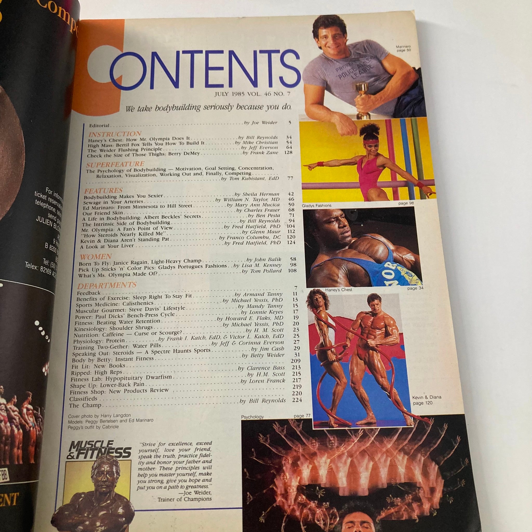 Contents page of Joe Weider's Muscle & Fitness Magazine July 1985, featuring editorial notes and a list of articles, including a feature on Ed Marinaro.