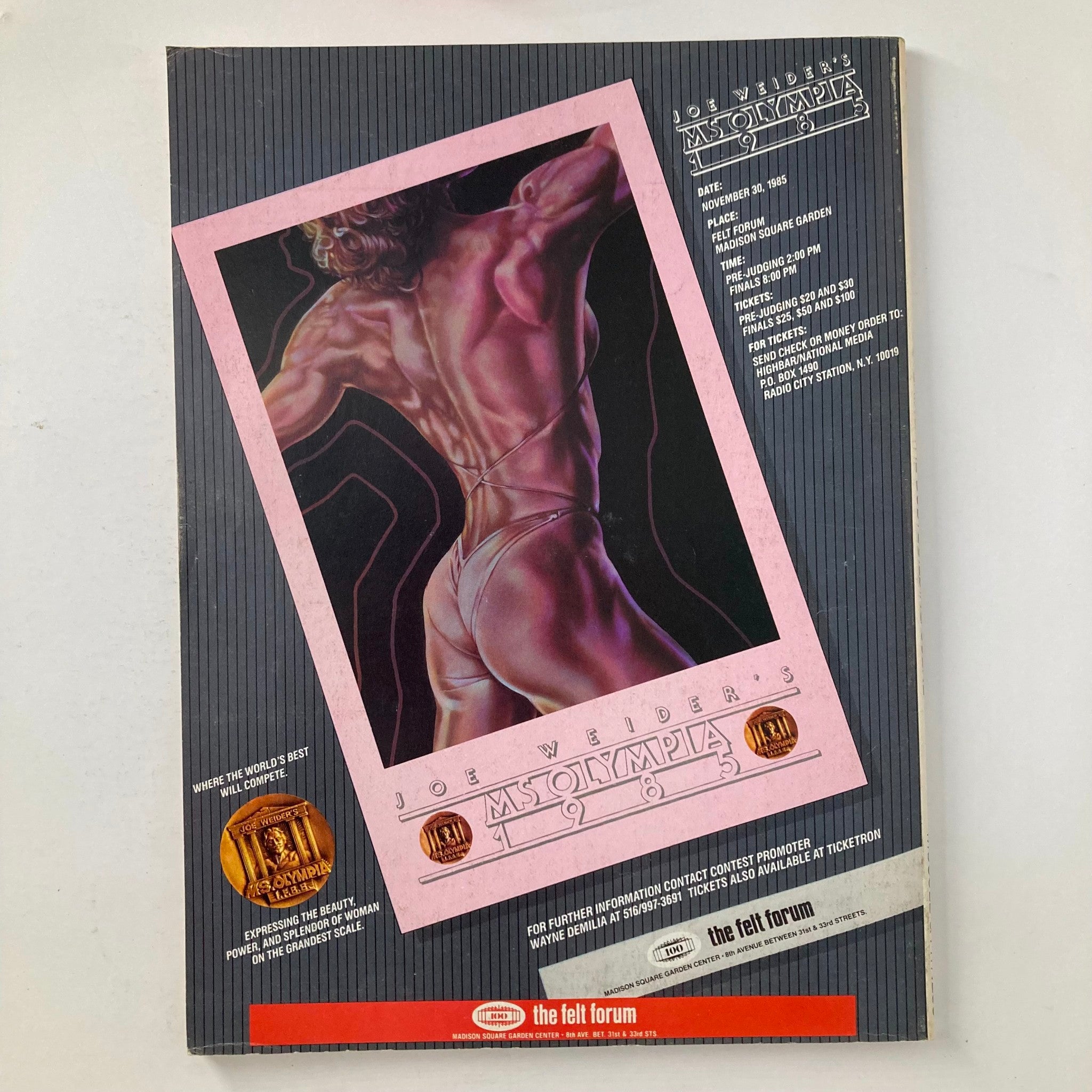 Back cover of Joe Weider's Muscle & Fitness Magazine July 1985, promoting the 1985 Ms. Olympia competition with an artistic illustration and event details.