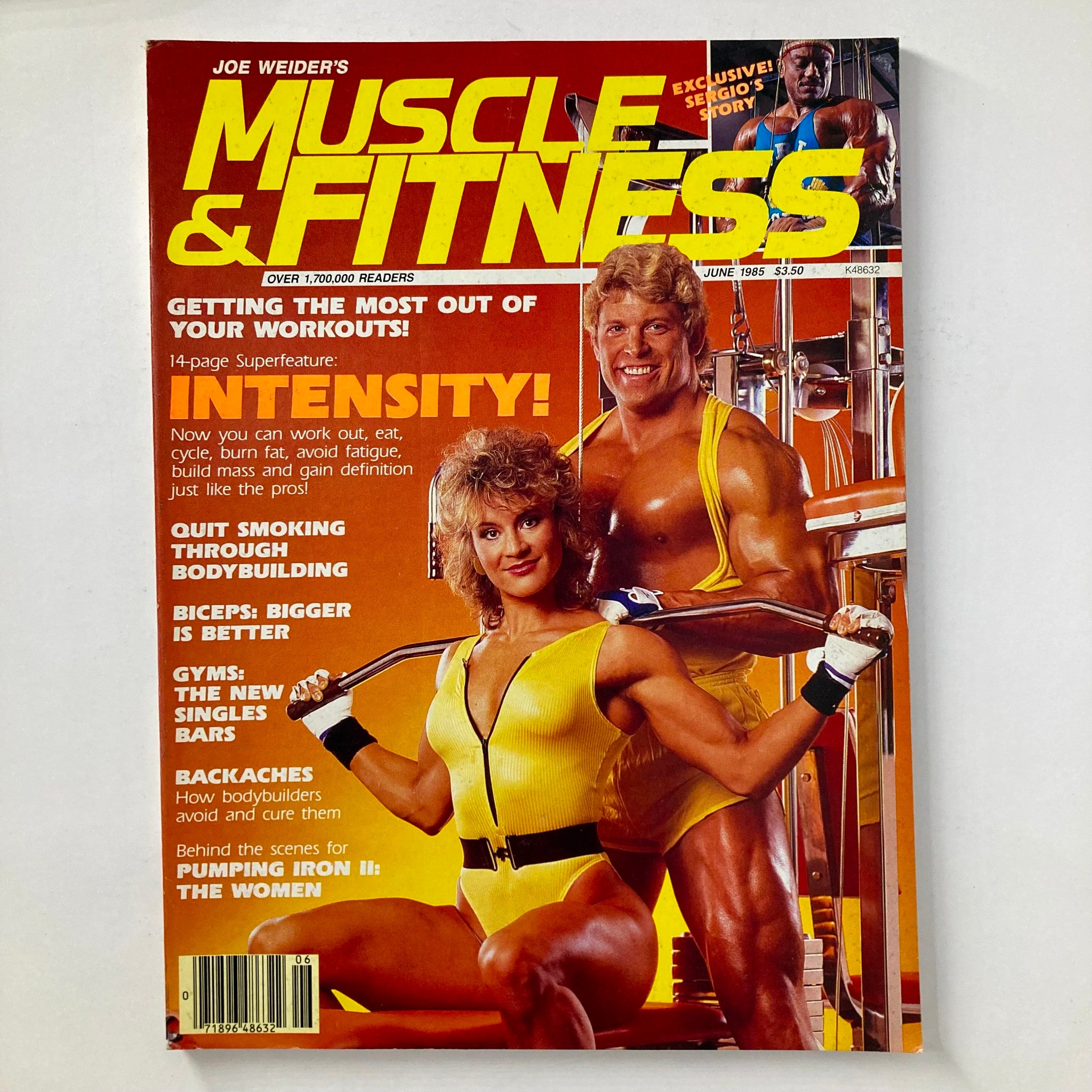 Cover of Joe Weider's Muscle & Fitness Magazine June 1985 featuring Corinna and Jeff Everson, with bold text promoting workout intensity and bodybuilding tips.