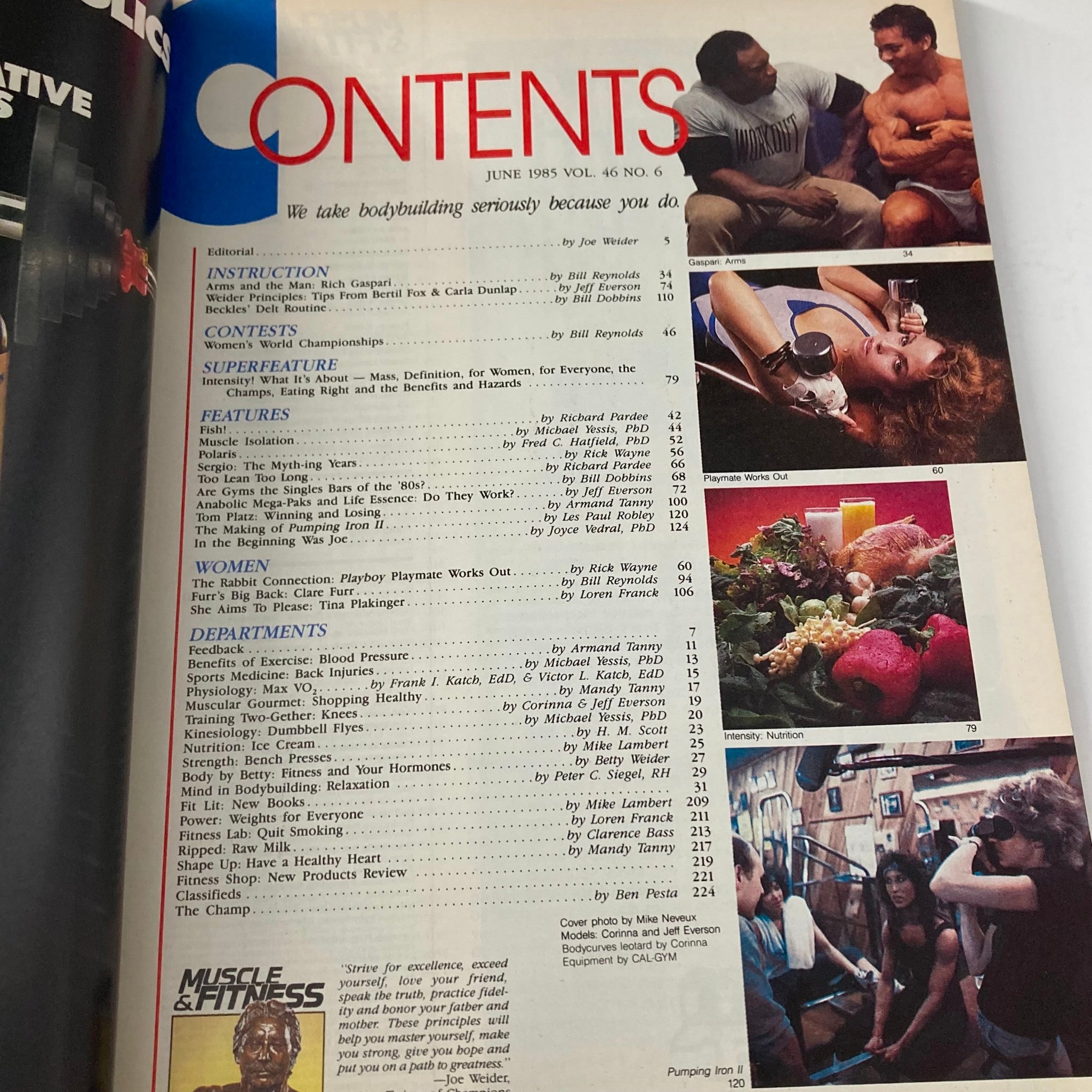 Contents page of Joe Weider's Muscle & Fitness Magazine June 1985, listing features and articles focused on bodybuilding and fitness.