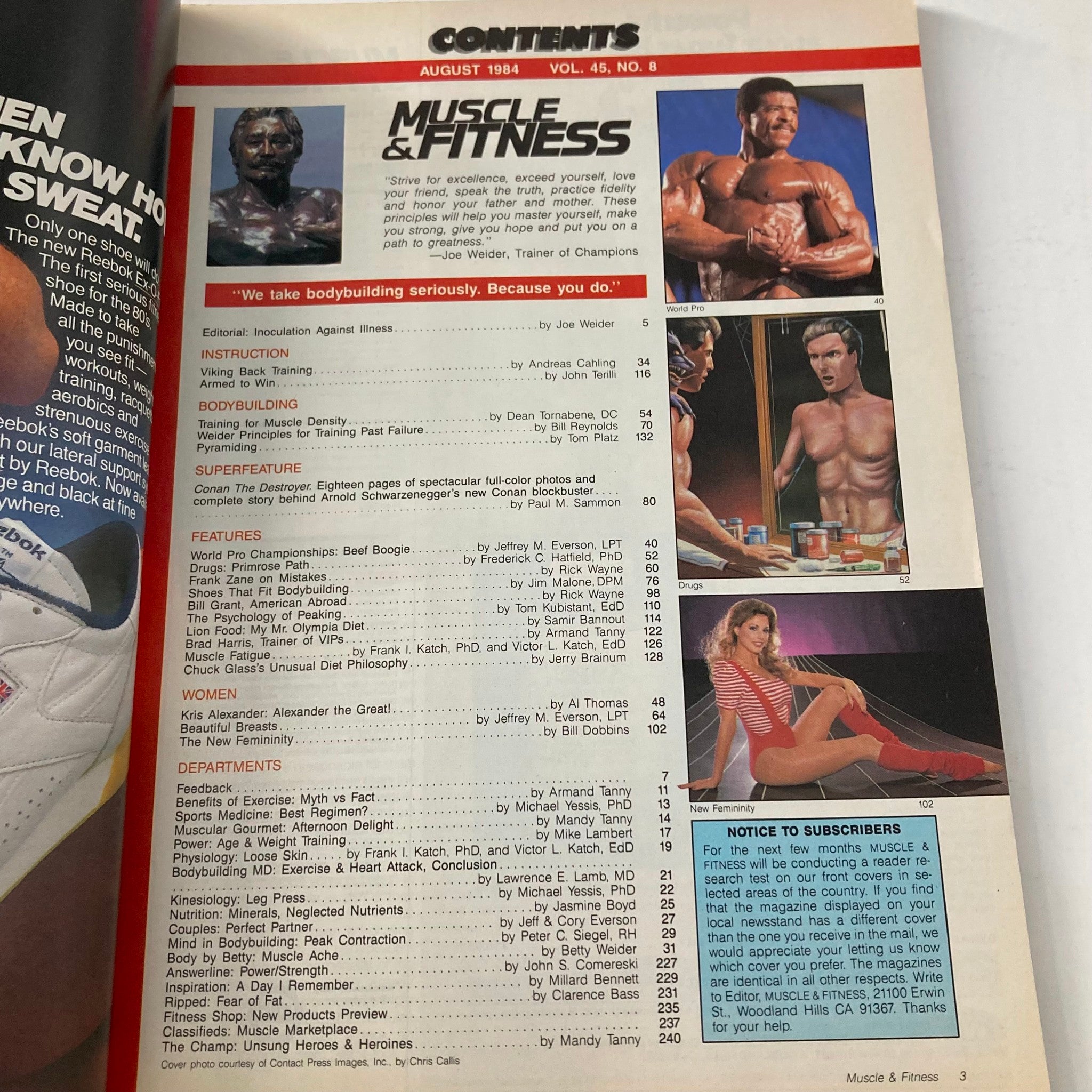 Contents page of Joe Weider's Muscle & Fitness Magazine August 1984, listing articles and features on bodybuilding and fitness.
