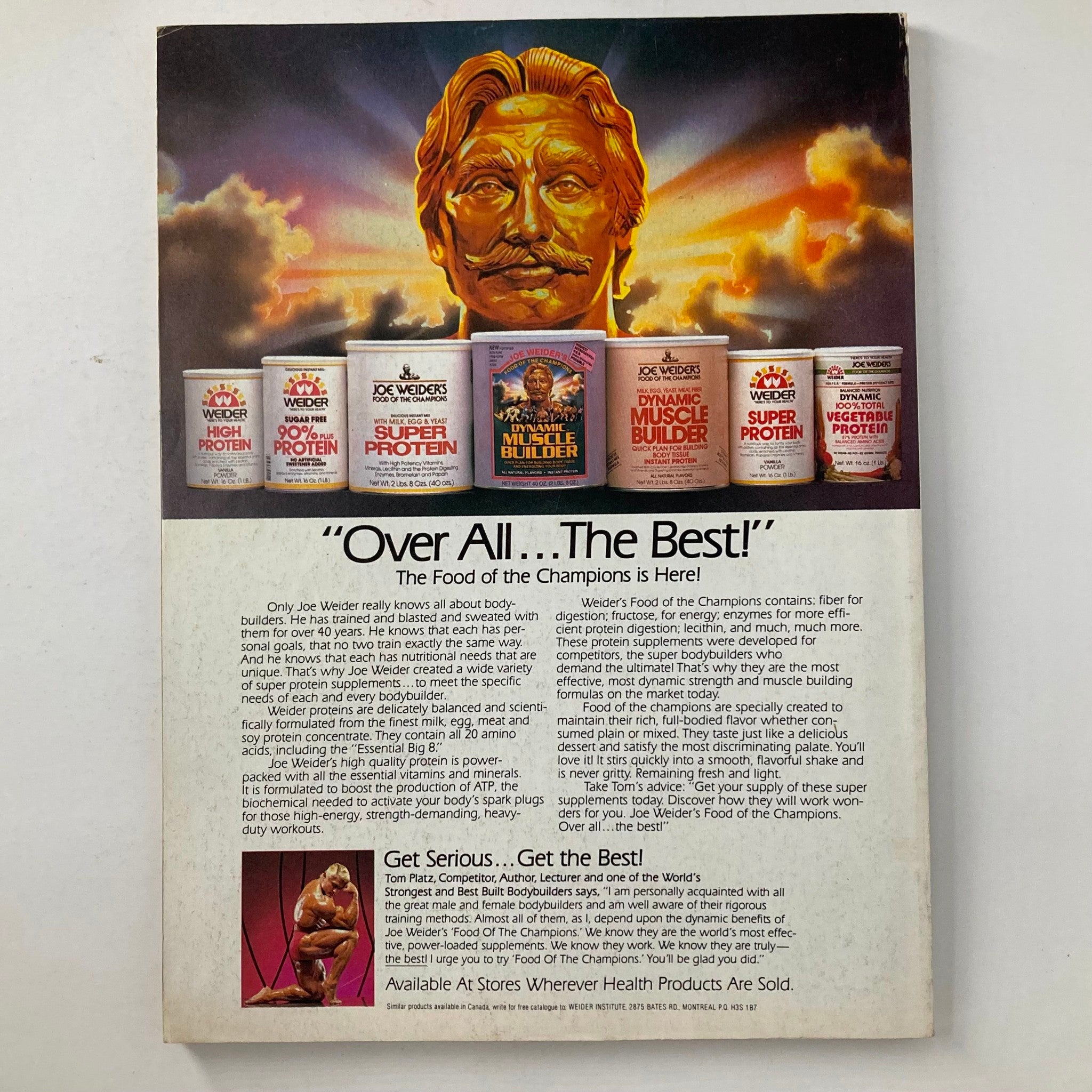 Back cover of Joe Weider's Muscle & Fitness Magazine August 1984, showcasing advertisements for Joe Weider's nutritional products.