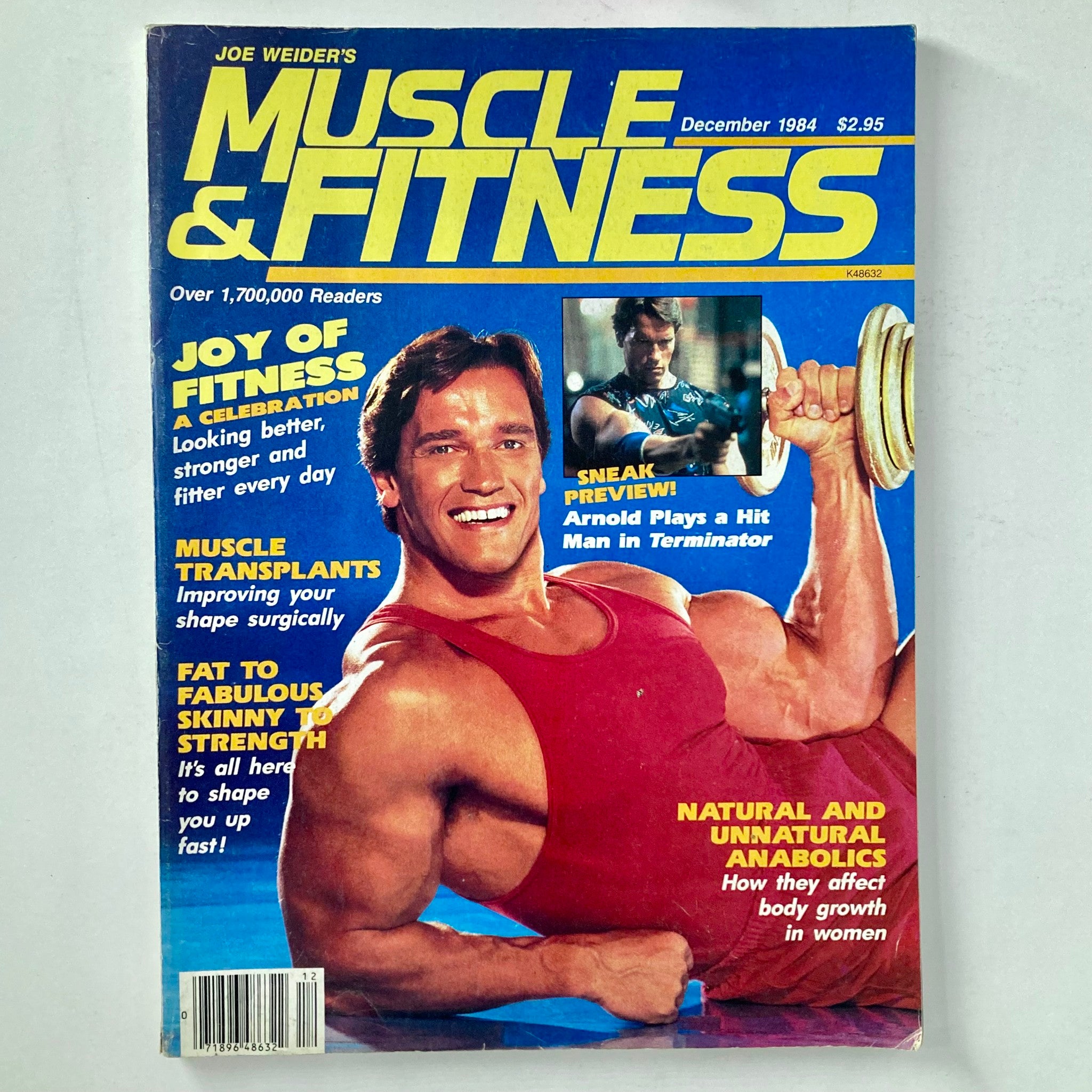 Joe Weider's Muscle & Fitness Magazine, December 1984 cover featuring Arnold Schwarzenegger, showcasing articles on fitness, muscle transplants, and fat loss, with emphasized text about the importance of fitness and anabolic growth.