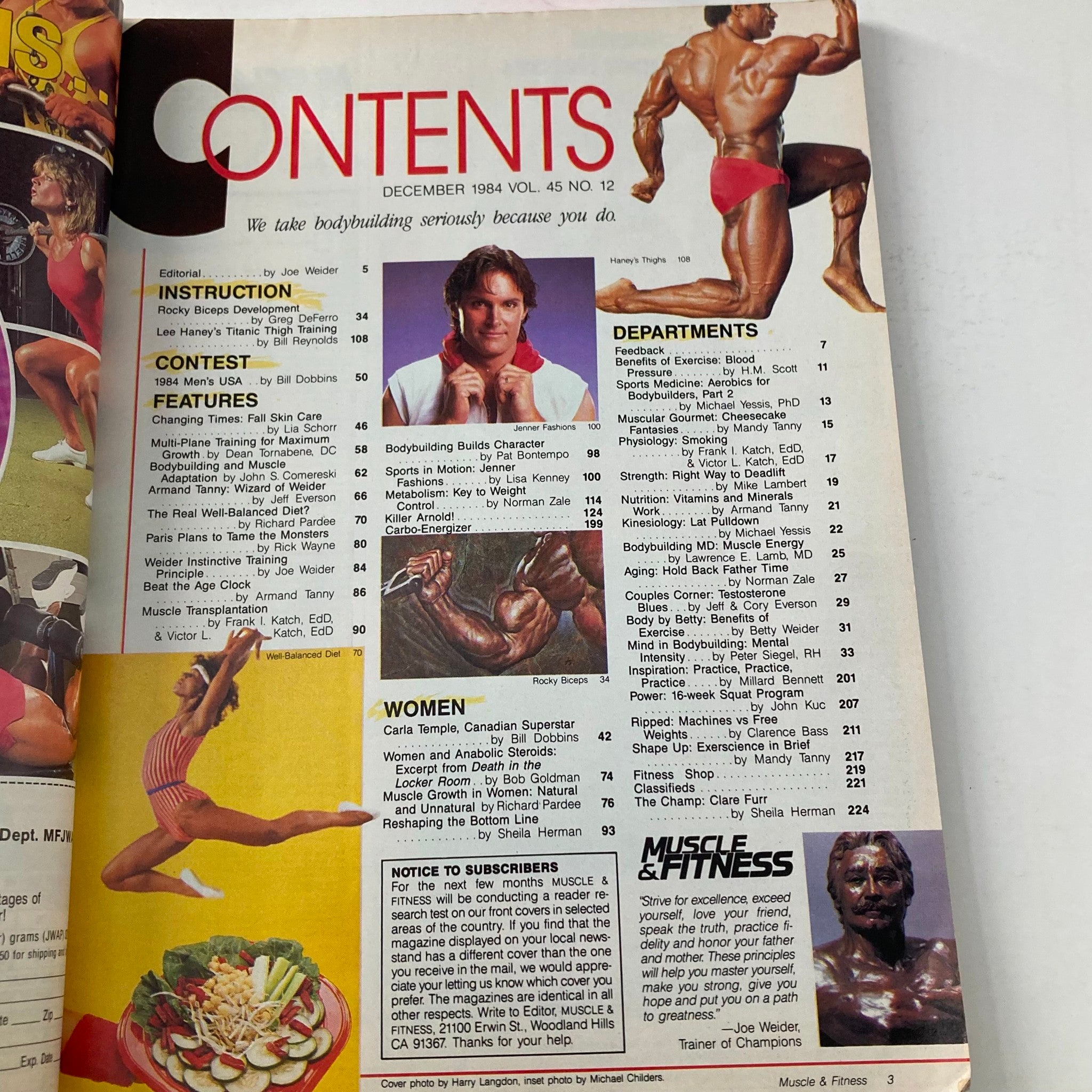 Contents page of Joe Weider's Muscle & Fitness Magazine December 1984 featuring articles and sections on bodybuilding, exercise, and fitness, highlighting features such as 'Women' and 'Muscle & Fitness'.
