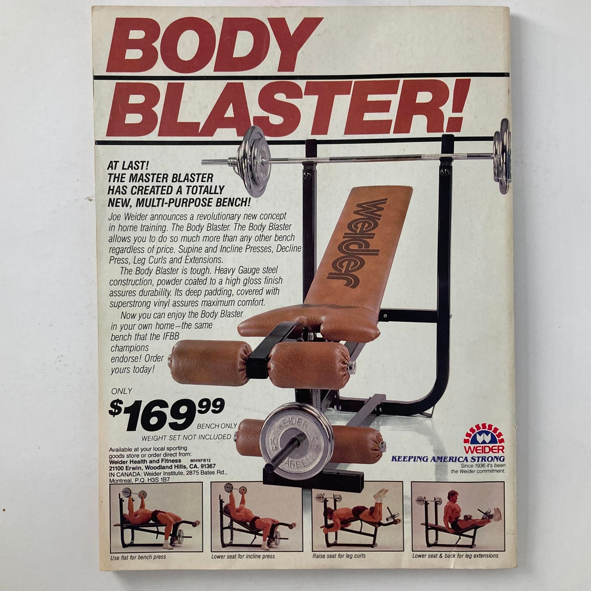 Advertisement for the Body Blaster, a multi-purpose weight bench by Joe Weider, showcasing its features and functionalities for comprehensive home training in fitness and bodybuilding.
