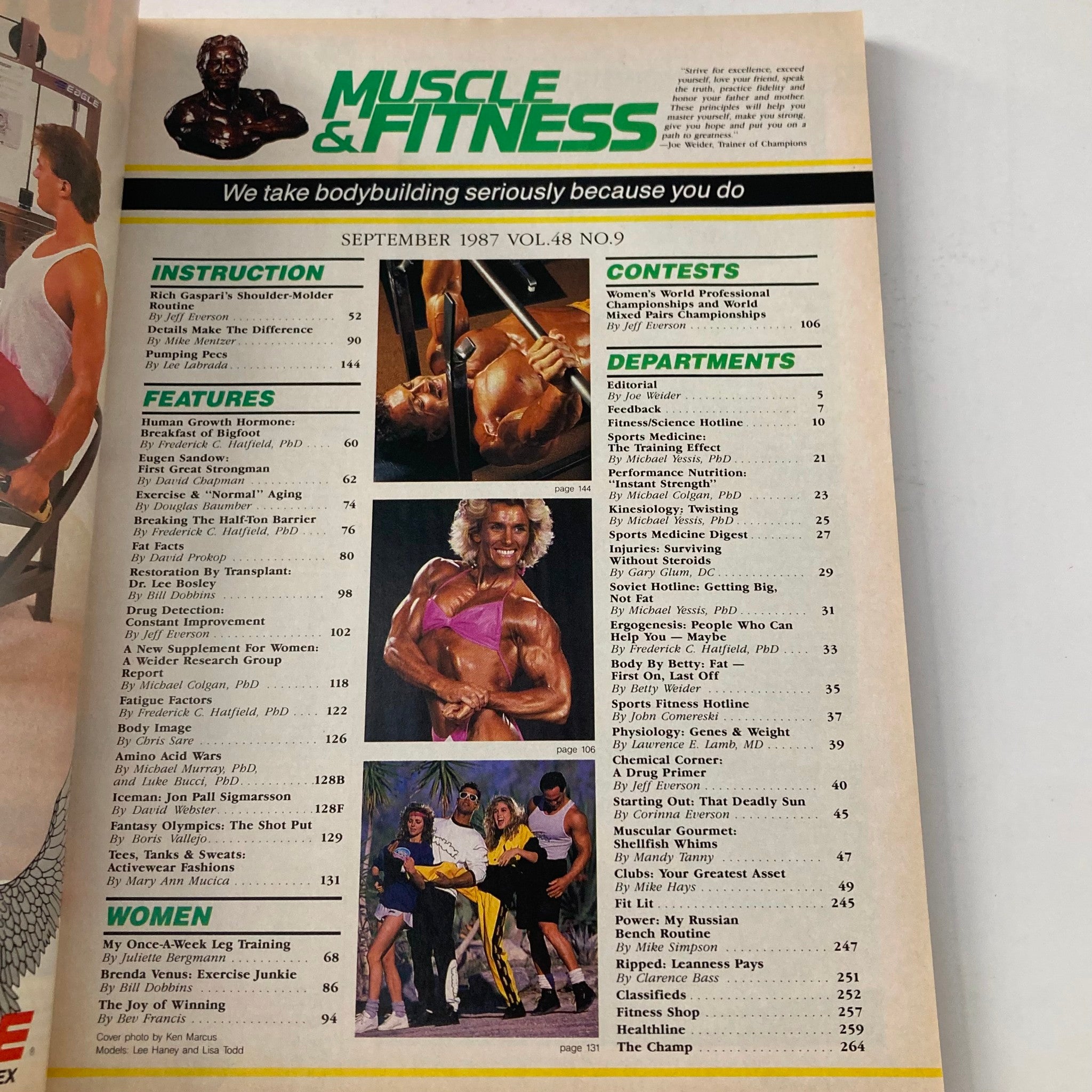 Inside page of Joe Weider's Muscle & Fitness Magazine September 1987 highlighting index and features, including bodybuilding instruction, articles on women's fitness, and contest information.