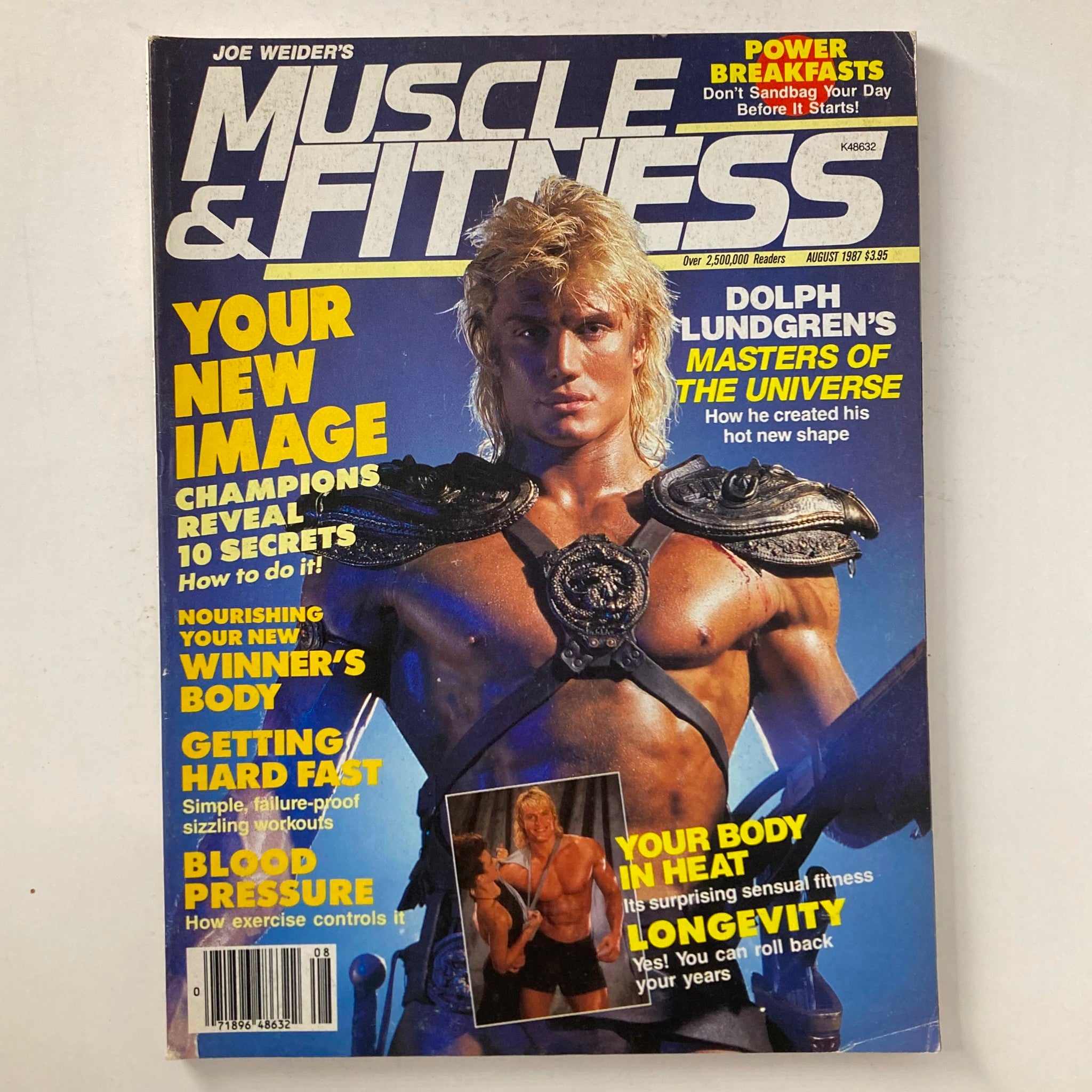 Cover of Joe Weider's Muscle & Fitness Magazine from August 1987 featuring Dolph Lundgren, showcasing fitness tips and bodybuilding articles. The magazine highlights Lundgren's role in 'Masters of the Universe' and offers insights into achieving a winner's body.