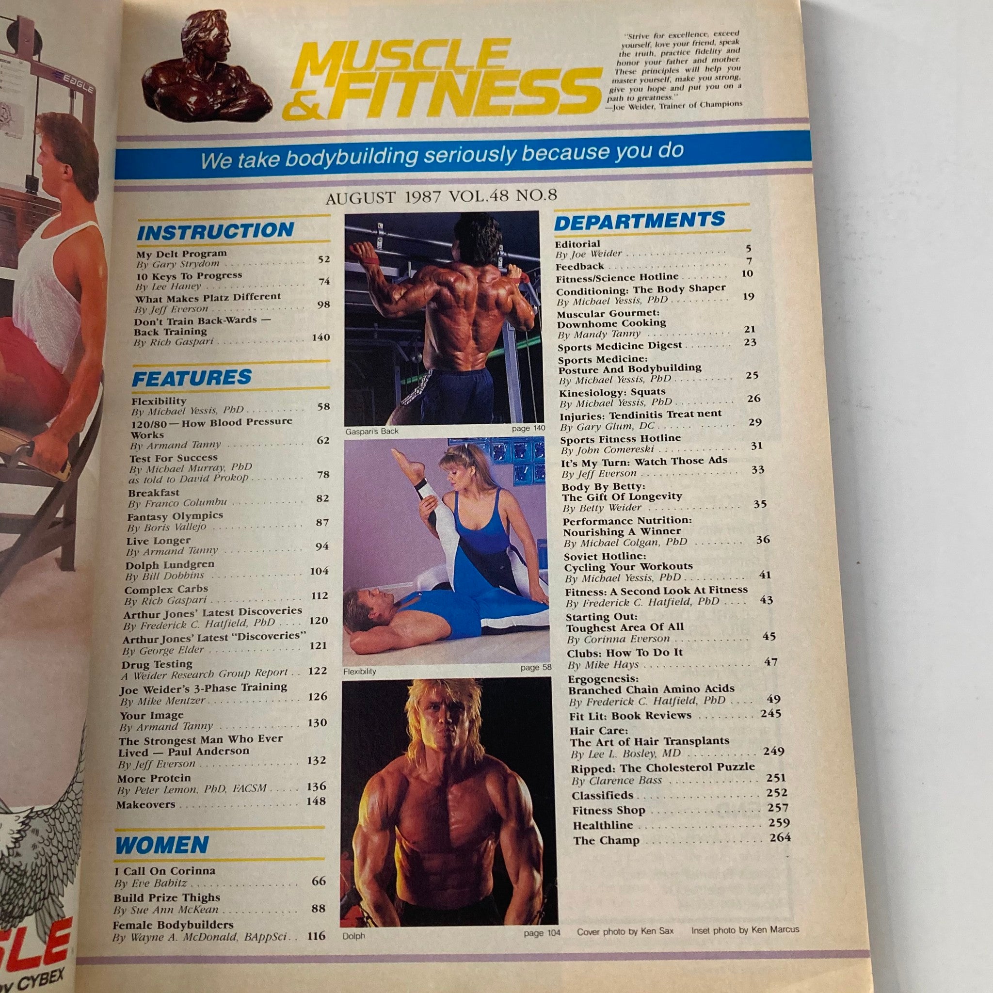 Inside pages of Joe Weider's Muscle & Fitness Magazine August 1987 featuring articles on bodybuilding, workout instructions, and fitness tips, with a focus on iconic fitness culture of the 1980s.