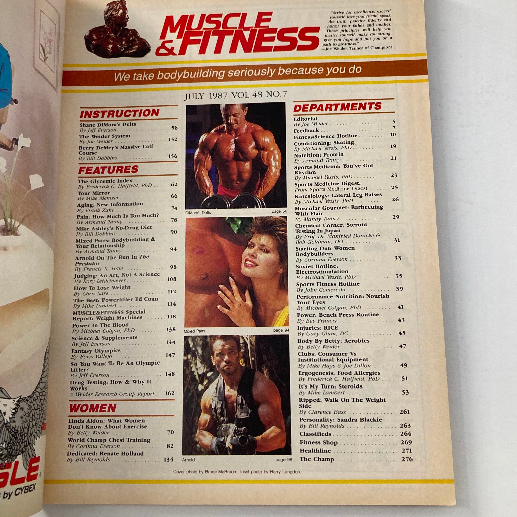 Contents page of Joe Weider's Muscle & Fitness Magazine July 1987, showcasing articles on bodybuilding instruction, nutrition, and athlete profiles.