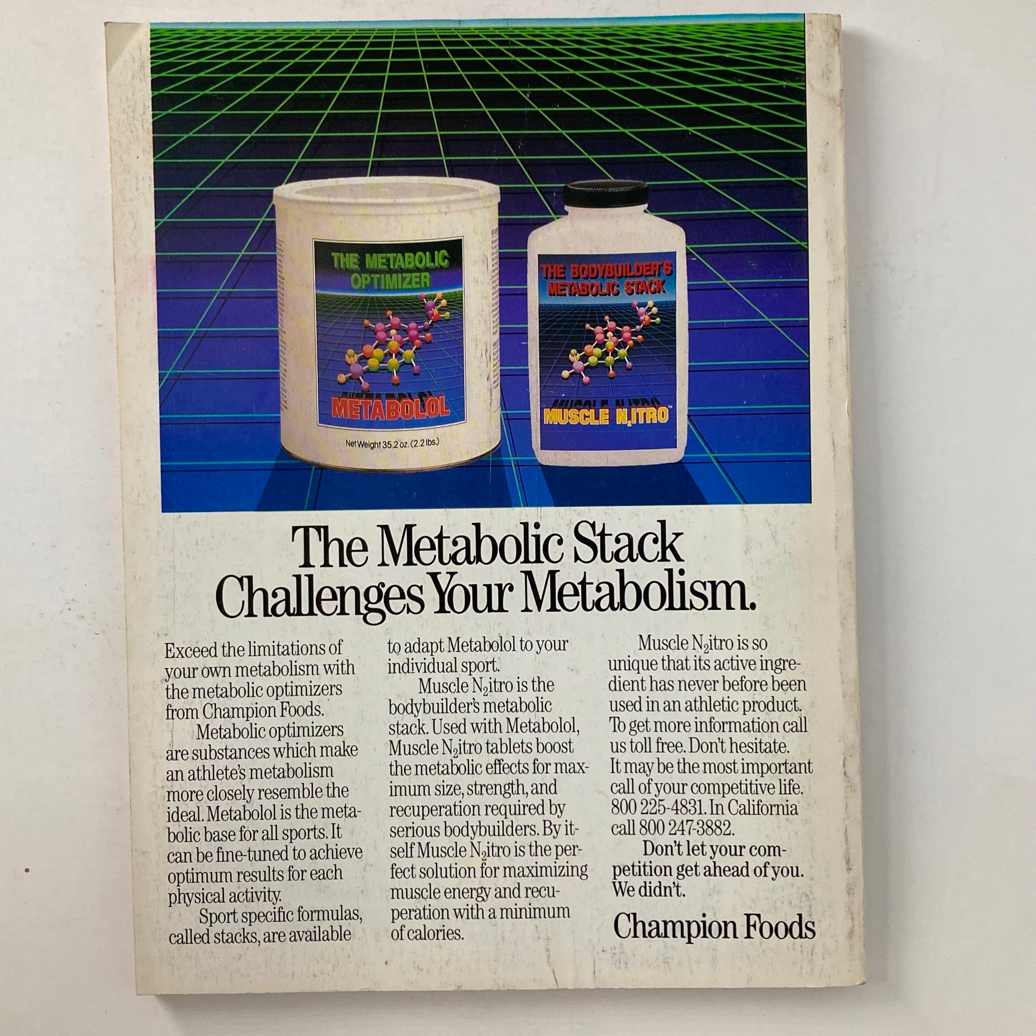 Advertisement from Joe Weider's Muscle & Fitness Magazine July 1987 for the Metabolic Stack products, promoting athletic performance and bodybuilding.