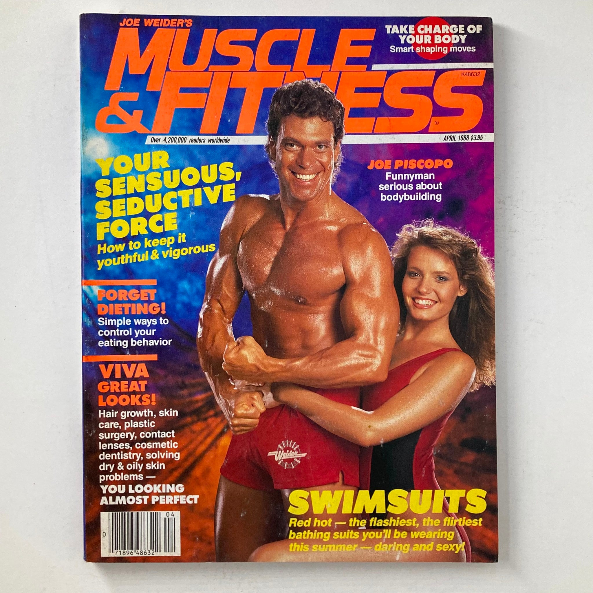 Joe Weider's Muscle & Fitness Magazine April 1988 featuring Joe Piscopo and Kimberly Driscoll on the cover, showcasing fitness culture and the late '80s celebrity lifestyle.