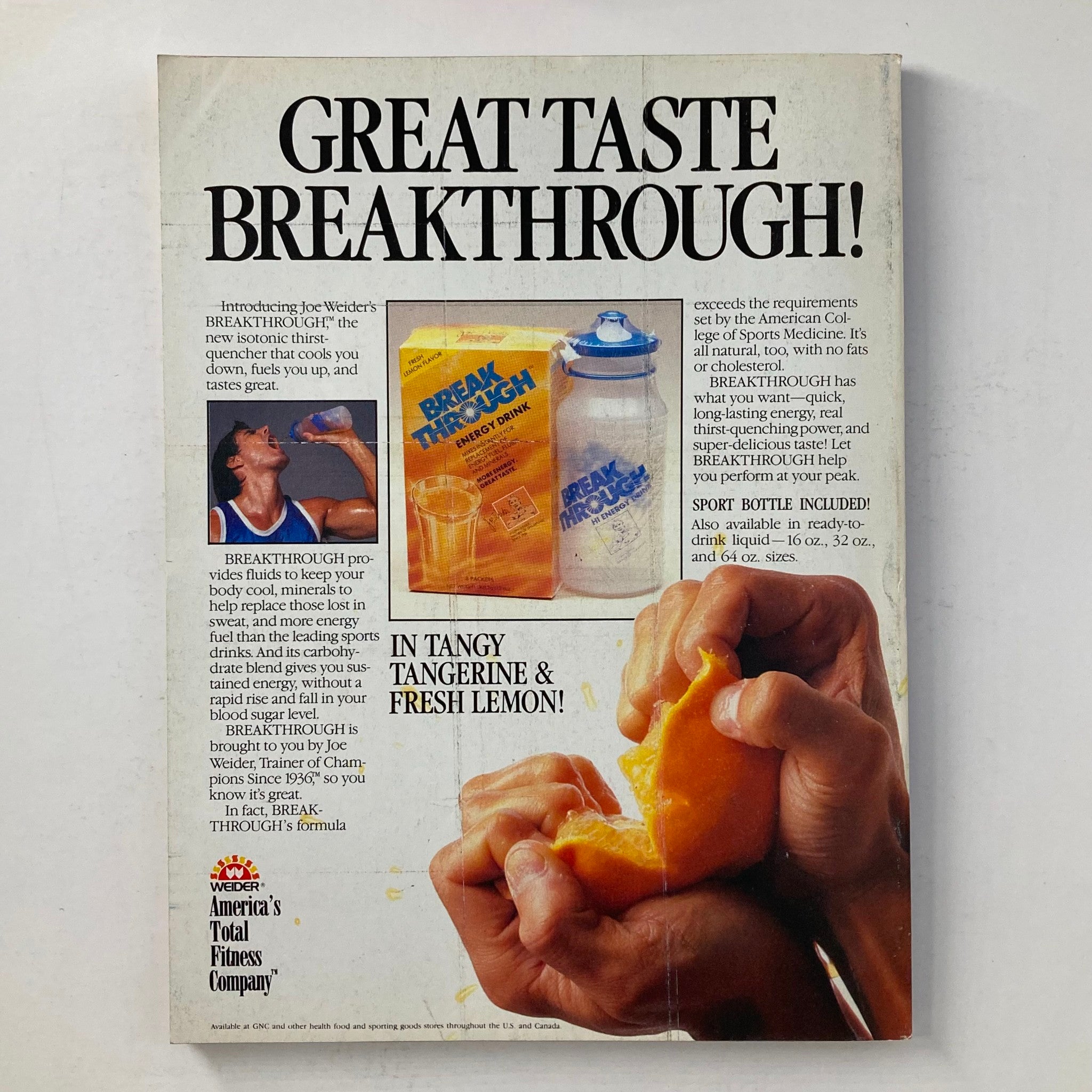 The back cover of Joe Weider's Muscle & Fitness Magazine April 1988 advertising the Breakthrough energy drink by Joe Weider, with images of the product and a person drinking.
