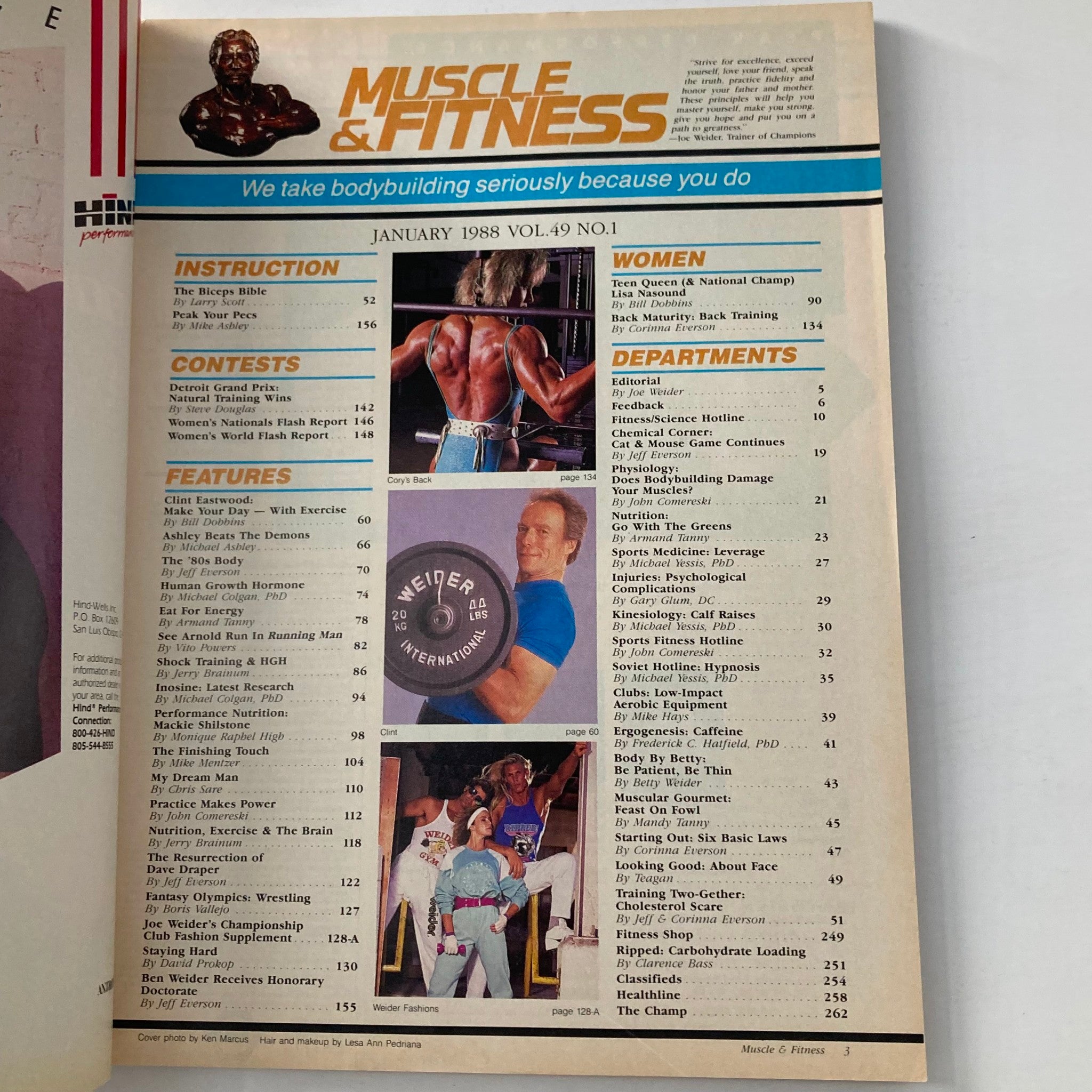 Inside page of Joe Weider's Muscle & Fitness Magazine January 1988 displaying contents and features, including training guides and celebrities.