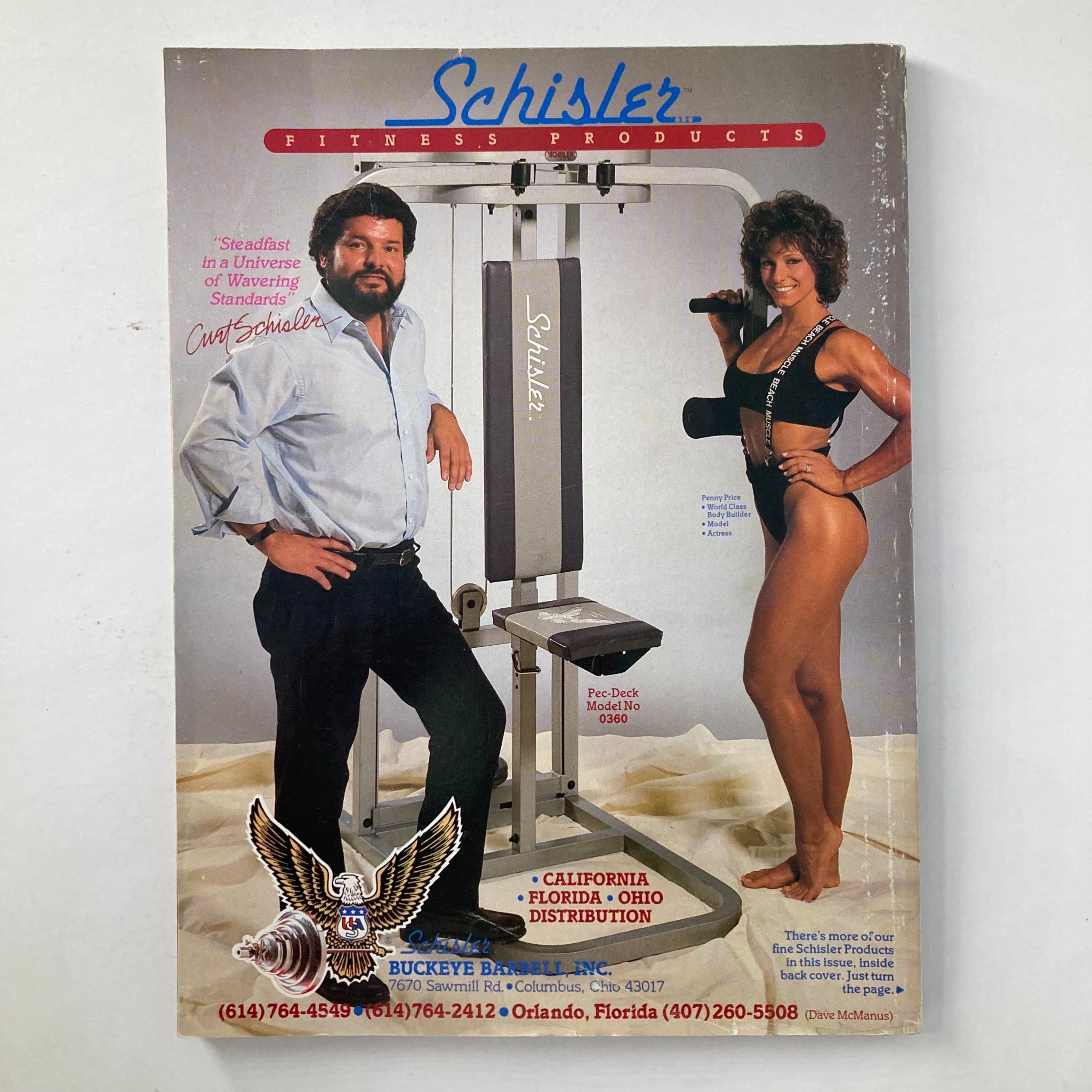 Cover of Schisler Fitness Products catalog showcasing fitness equipment, featuring Curt Schisler and a female fitness model, related to fitness and bodybuilding as highlighted in Joe Weider's Muscle & Fitness Magazine December 1988.