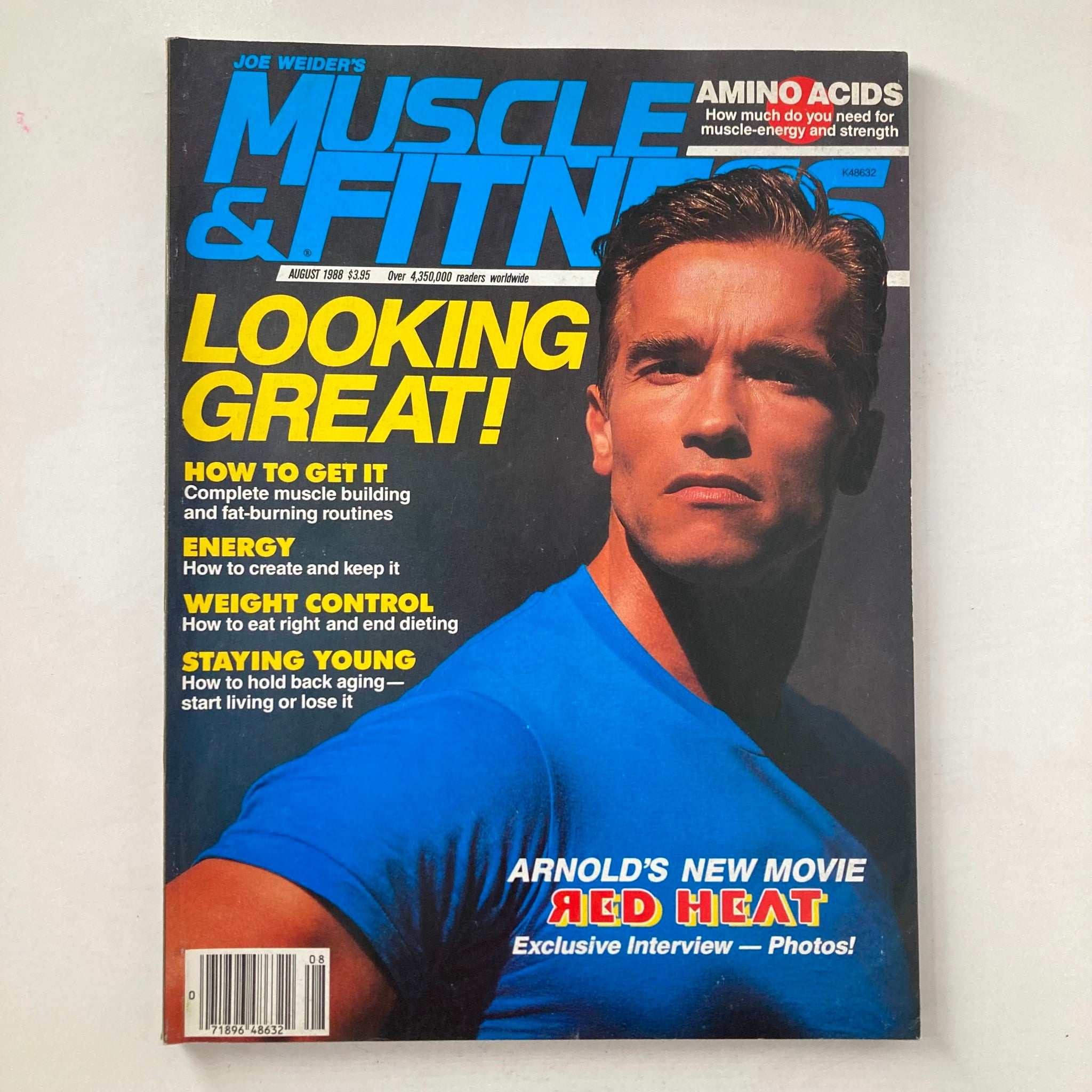 Cover of Joe Weider's Muscle & Fitness Magazine from August 1988 featuring Arnold Schwarzenegger, highlighting fitness topics like muscle building and energy tips.