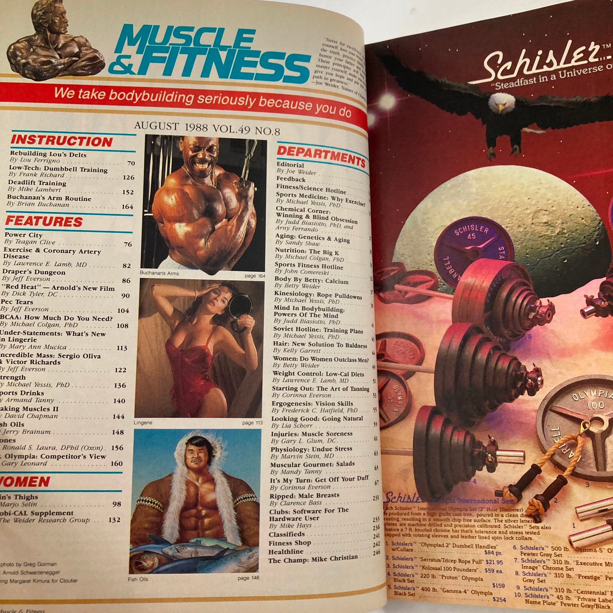 Inside spread of Joe Weider's Muscle & Fitness Magazine August 1988, showcasing features on bodybuilding, exercise routines, and articles relevant to fitness enthusiasts.